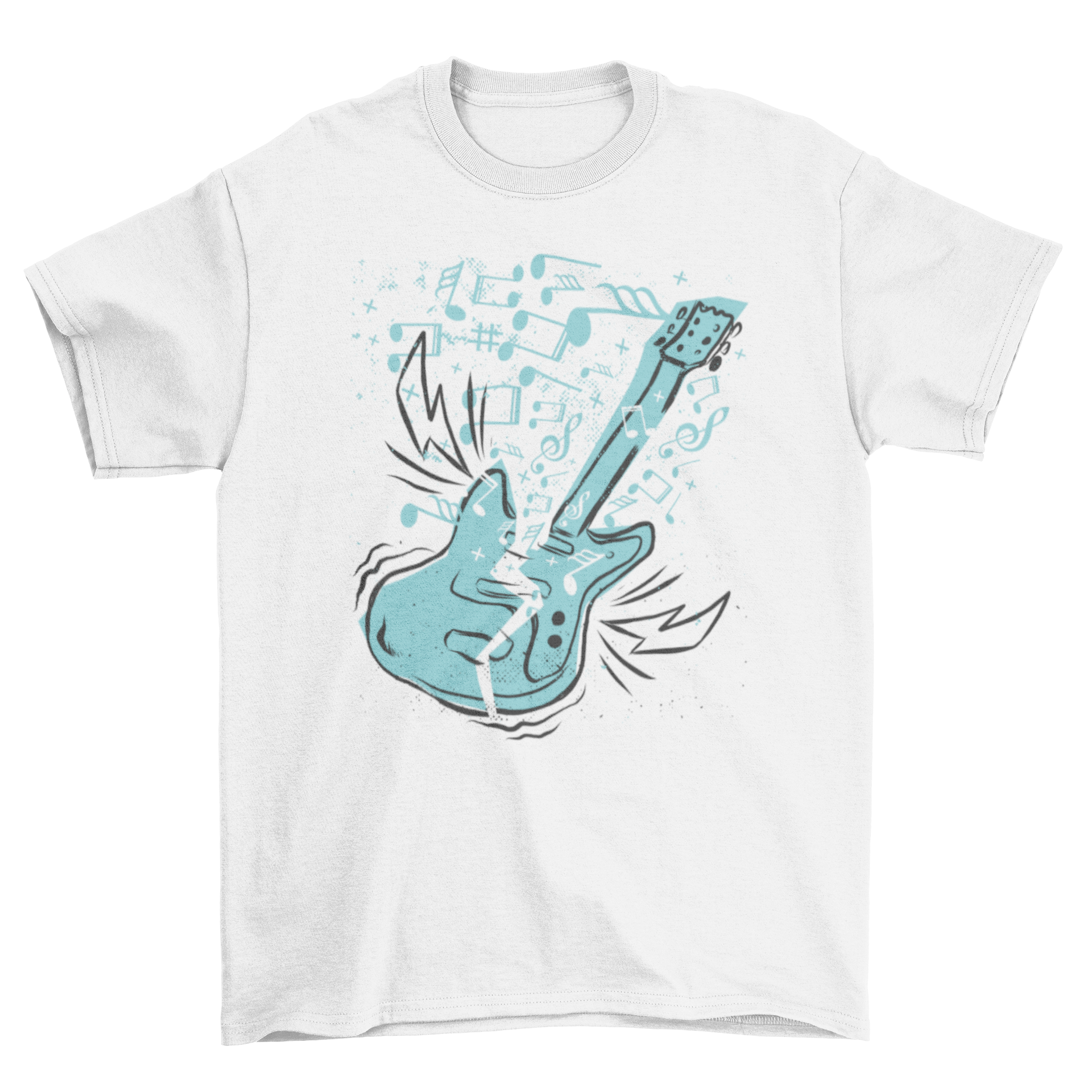 A stylish t-shirt featuring a broken electric guitar surrounded by music notes and lightning bolts, perfect for music enthusiasts.
