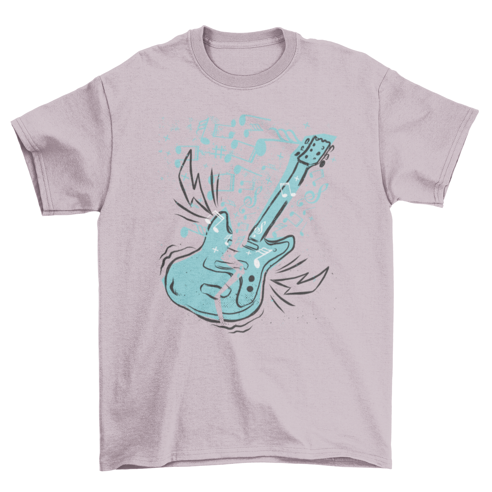 A stylish t-shirt featuring a broken electric guitar surrounded by music notes and lightning bolts, perfect for music enthusiasts.