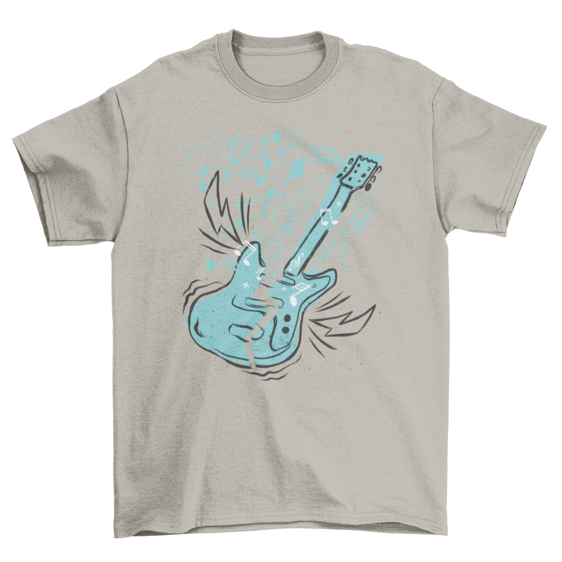 A stylish t-shirt featuring a broken electric guitar surrounded by music notes and lightning bolts, perfect for music enthusiasts.