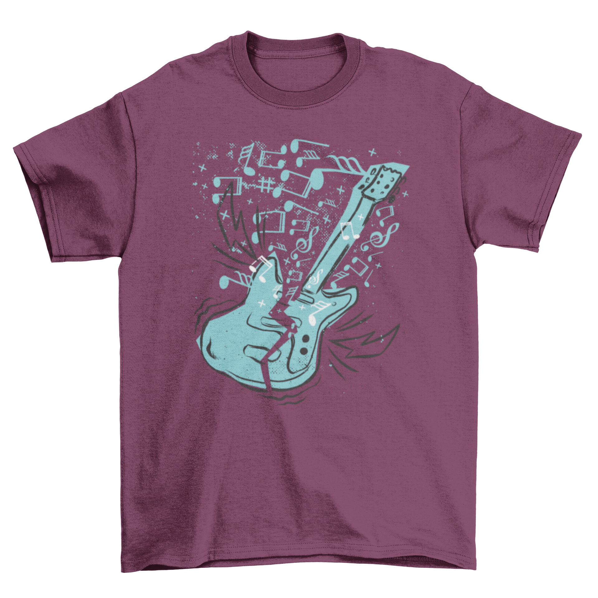 A stylish t-shirt featuring a broken electric guitar surrounded by music notes and lightning bolts, perfect for music enthusiasts.