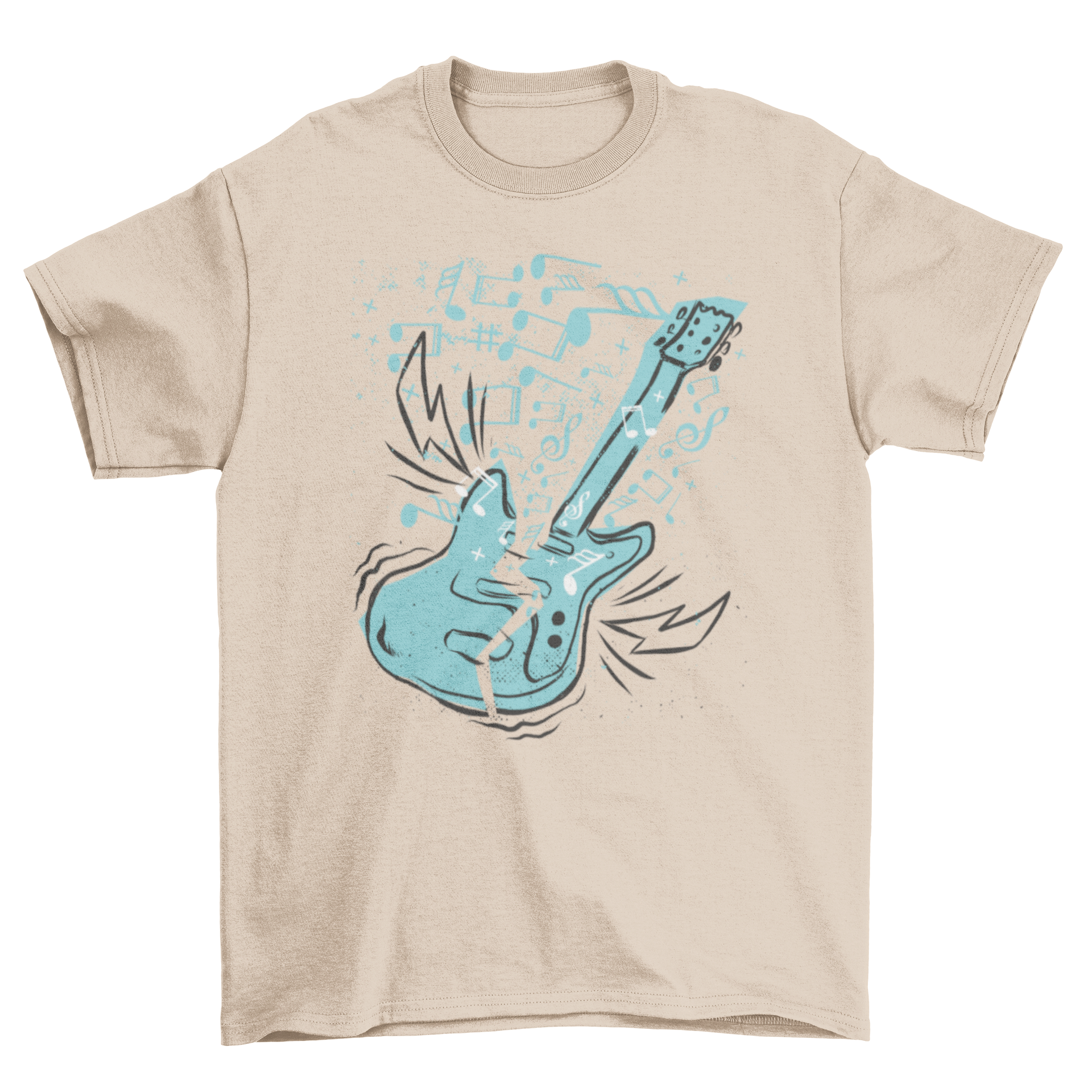 A stylish t-shirt featuring a broken electric guitar surrounded by music notes and lightning bolts, perfect for music enthusiasts.