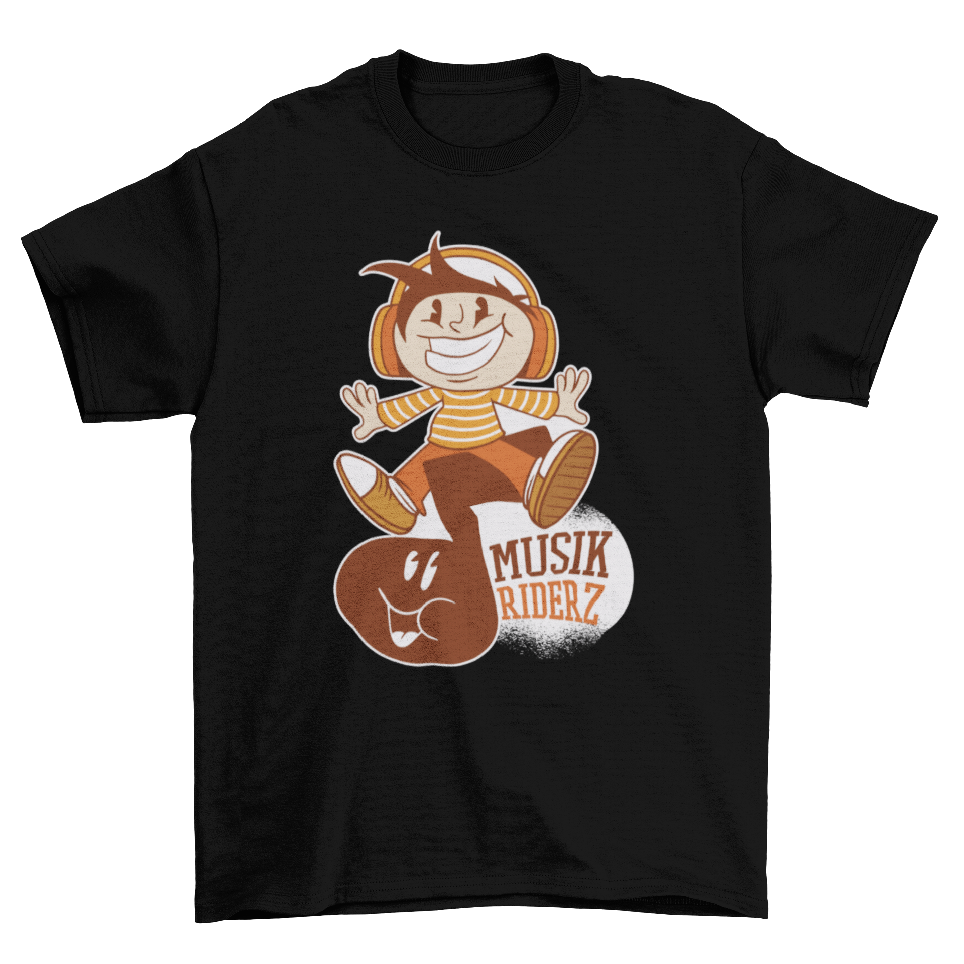 A colorful Music Rider Cartoon T-shirt featuring a boy riding a music note with the text MUSIK RIDERZ.