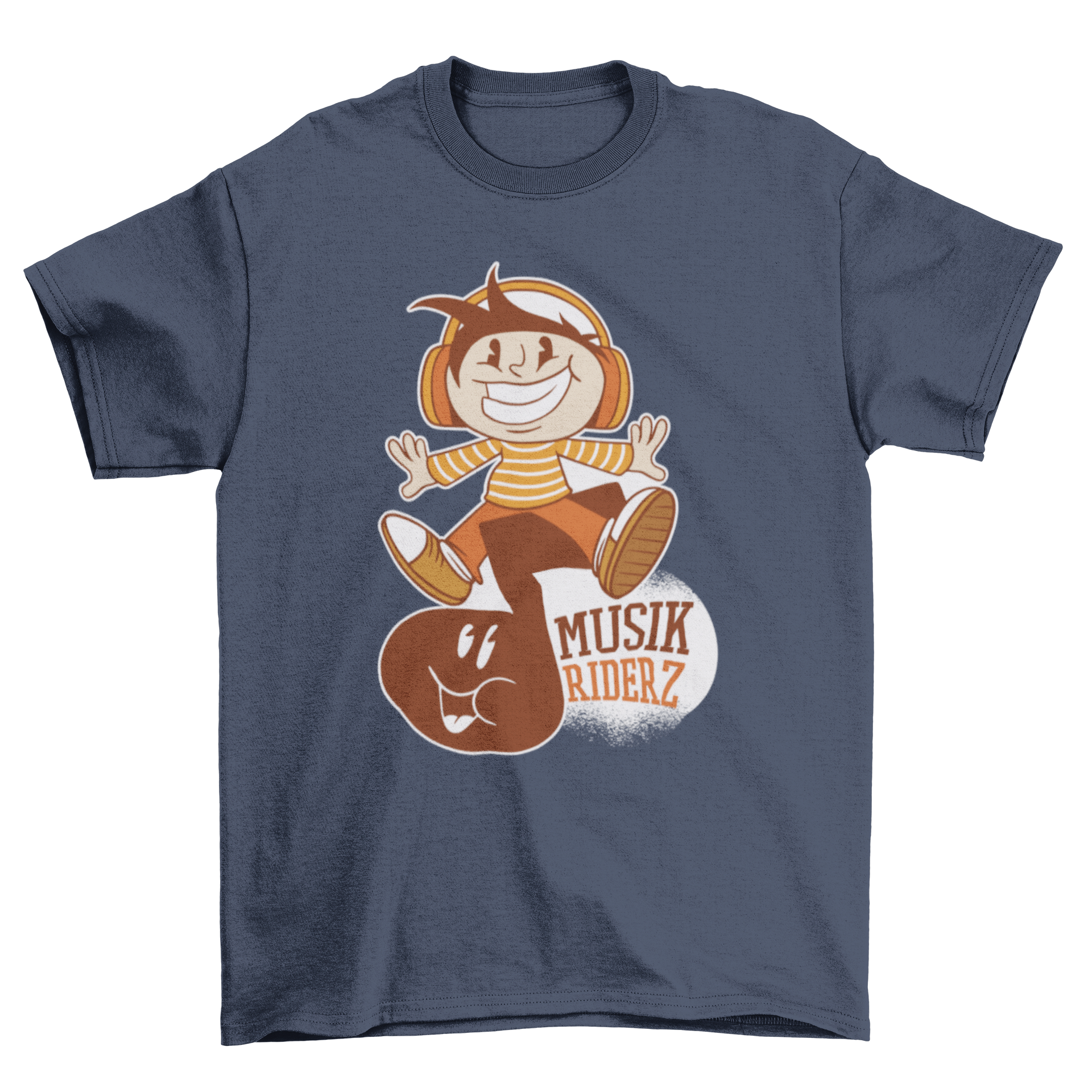 A colorful Music Rider Cartoon T-shirt featuring a boy riding a music note with the text MUSIK RIDERZ.