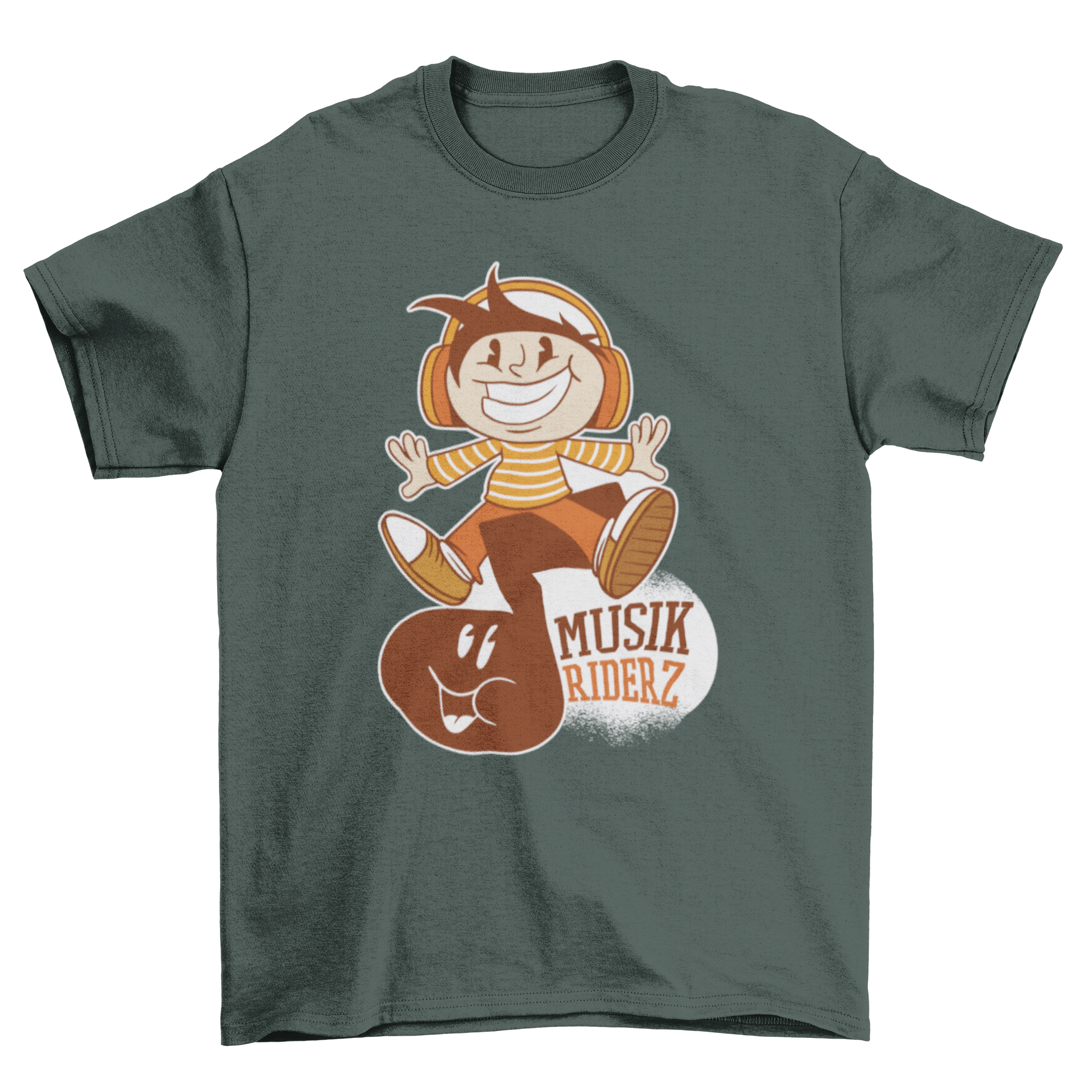 A colorful Music Rider Cartoon T-shirt featuring a boy riding a music note with the text MUSIK RIDERZ.