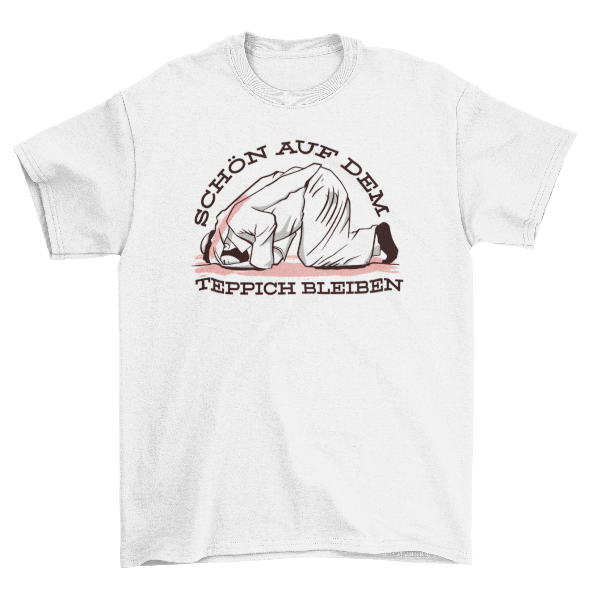 Muslim German Quote T-shirt featuring a design of a Muslim man bowing with German text 'Stay on the carpet'.