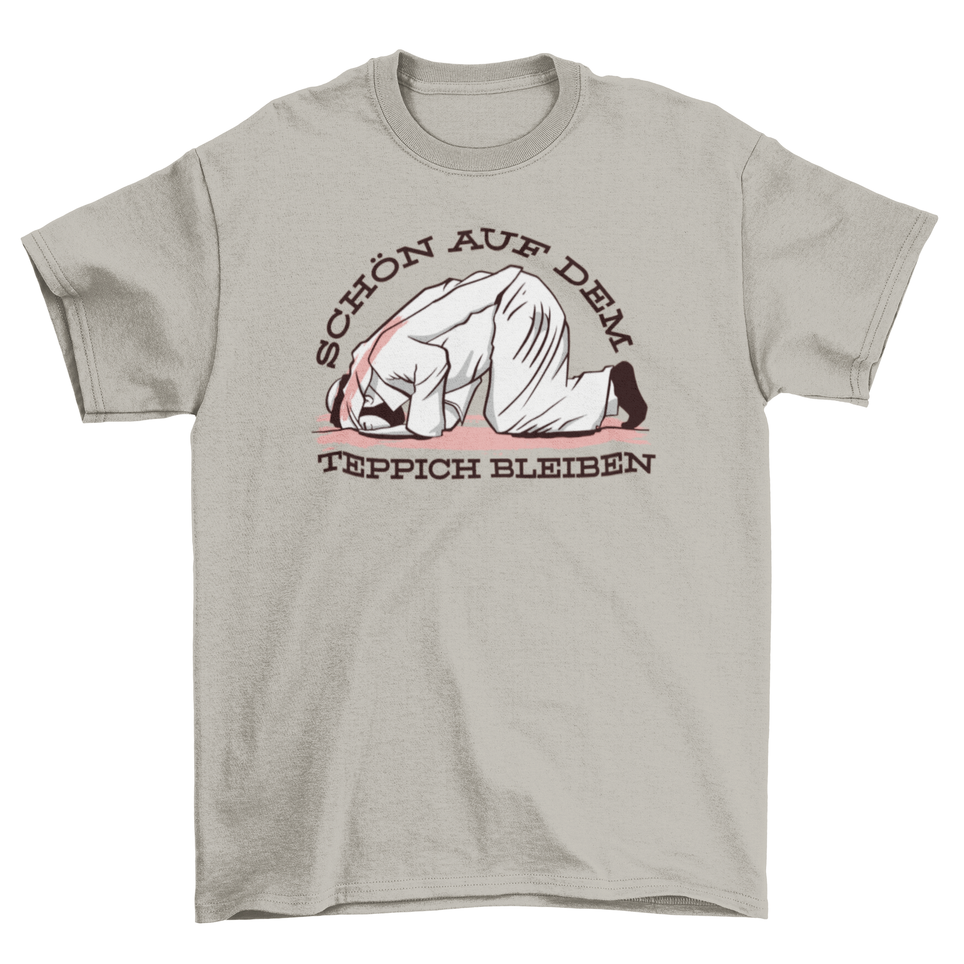 Muslim German Quote T-shirt featuring a design of a Muslim man bowing with German text 'Stay on the carpet'.