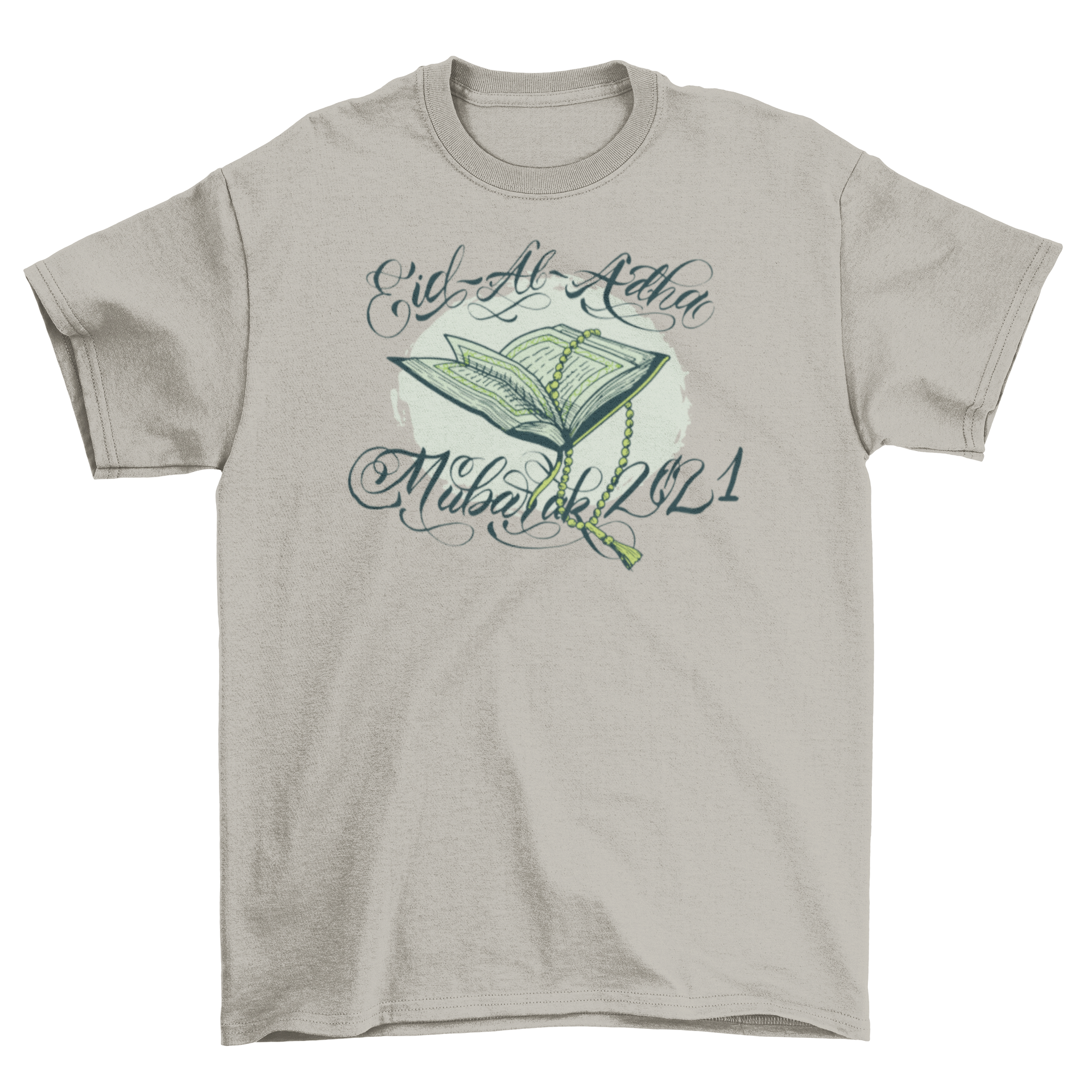 Muslim religious quote t-shirt featuring a book and Eid al-Adha Mubarak 2021 quote.