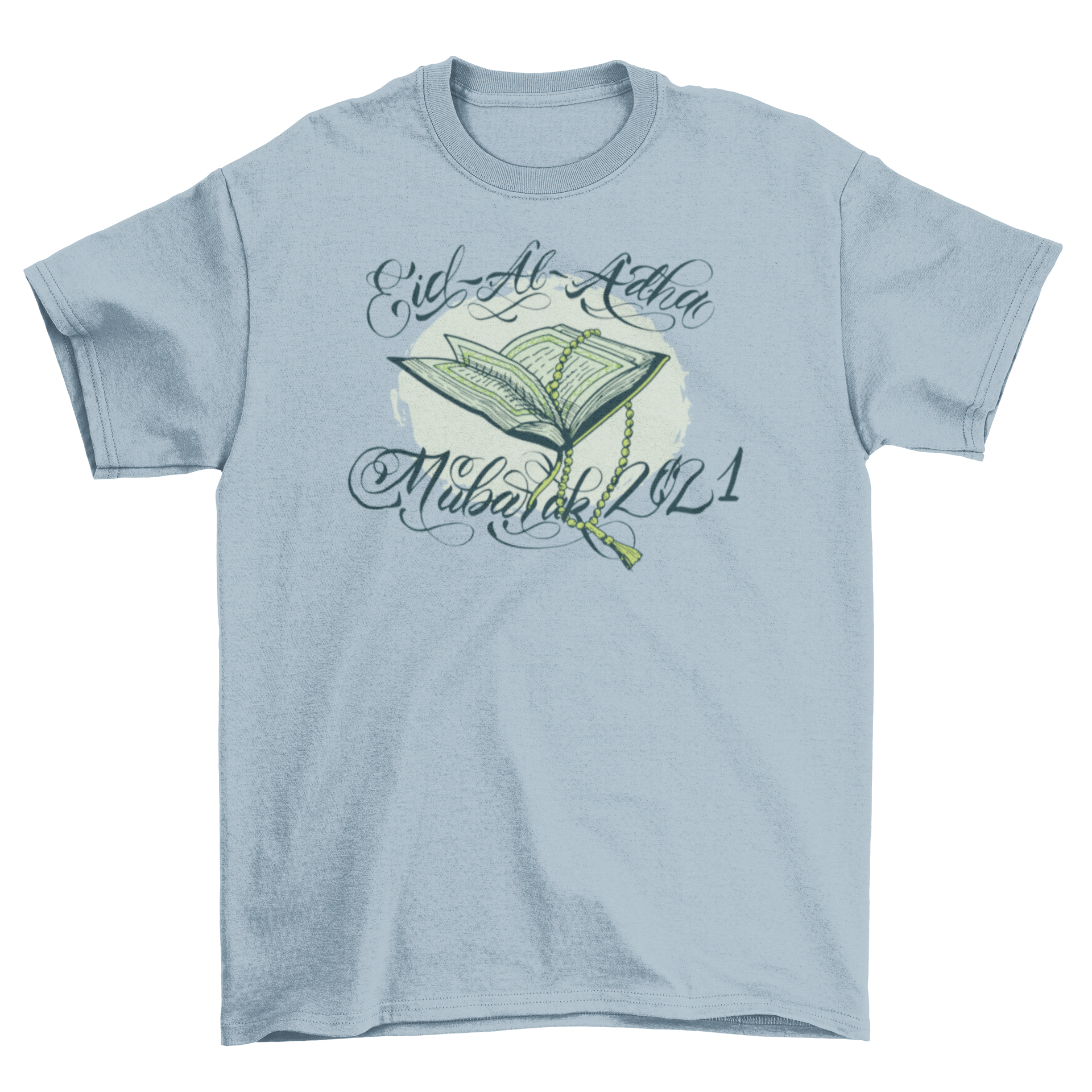 Muslim religious quote t-shirt featuring a book and Eid al-Adha Mubarak 2021 quote.