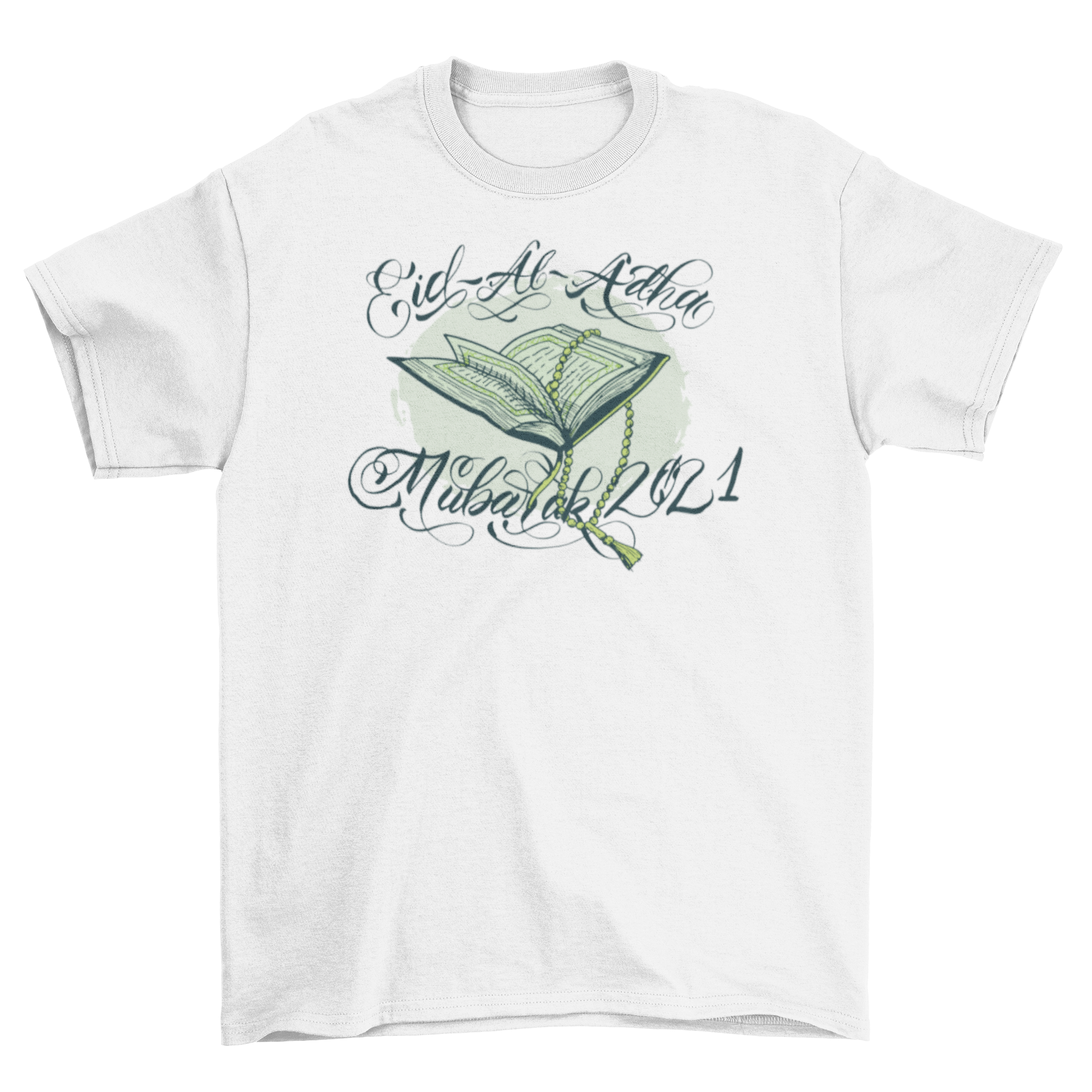 Muslim religious quote t-shirt featuring a book and Eid al-Adha Mubarak 2021 quote.