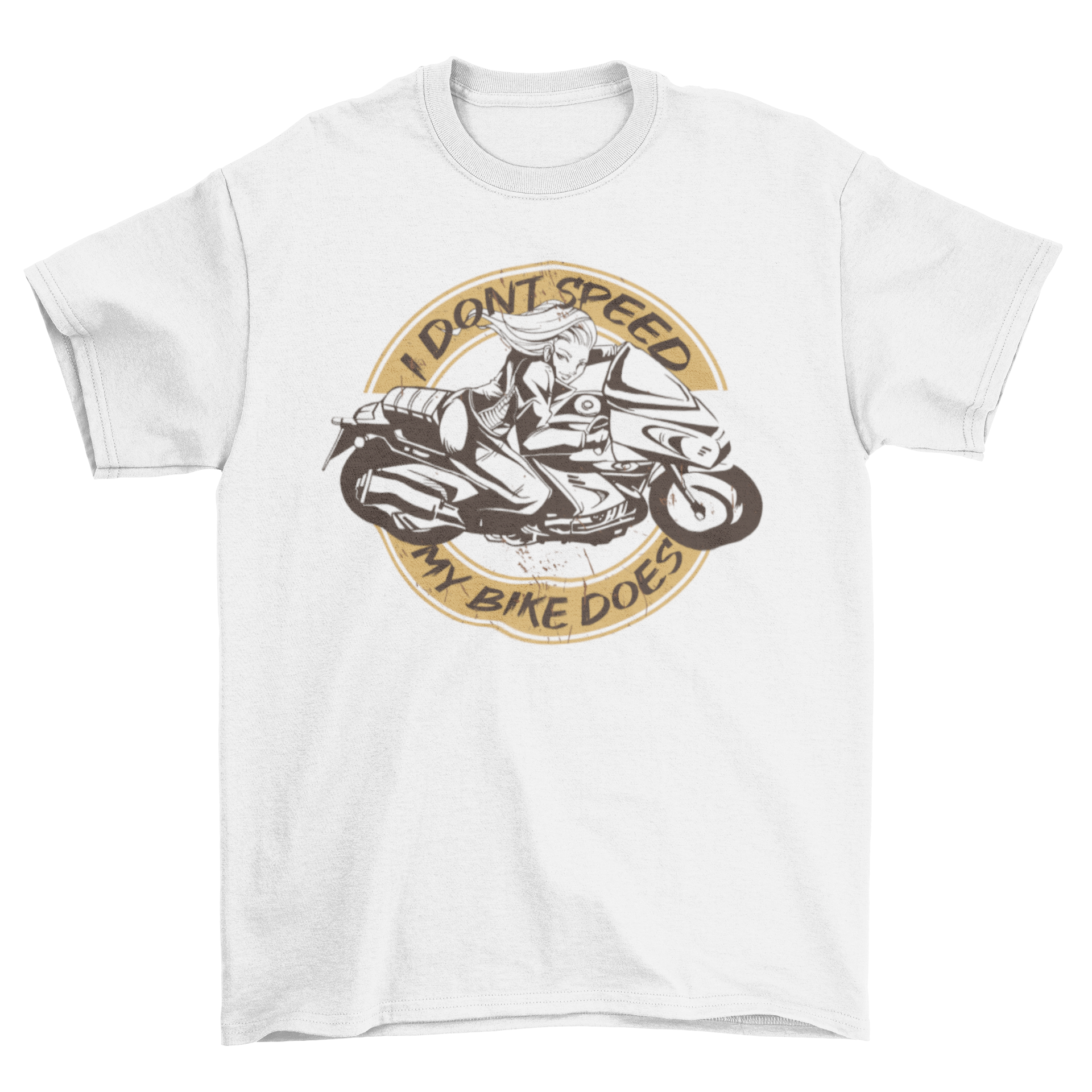 A stylish black and white t-shirt featuring a woman riding a motorbike with the caption 'I don't speed, my bike does'.