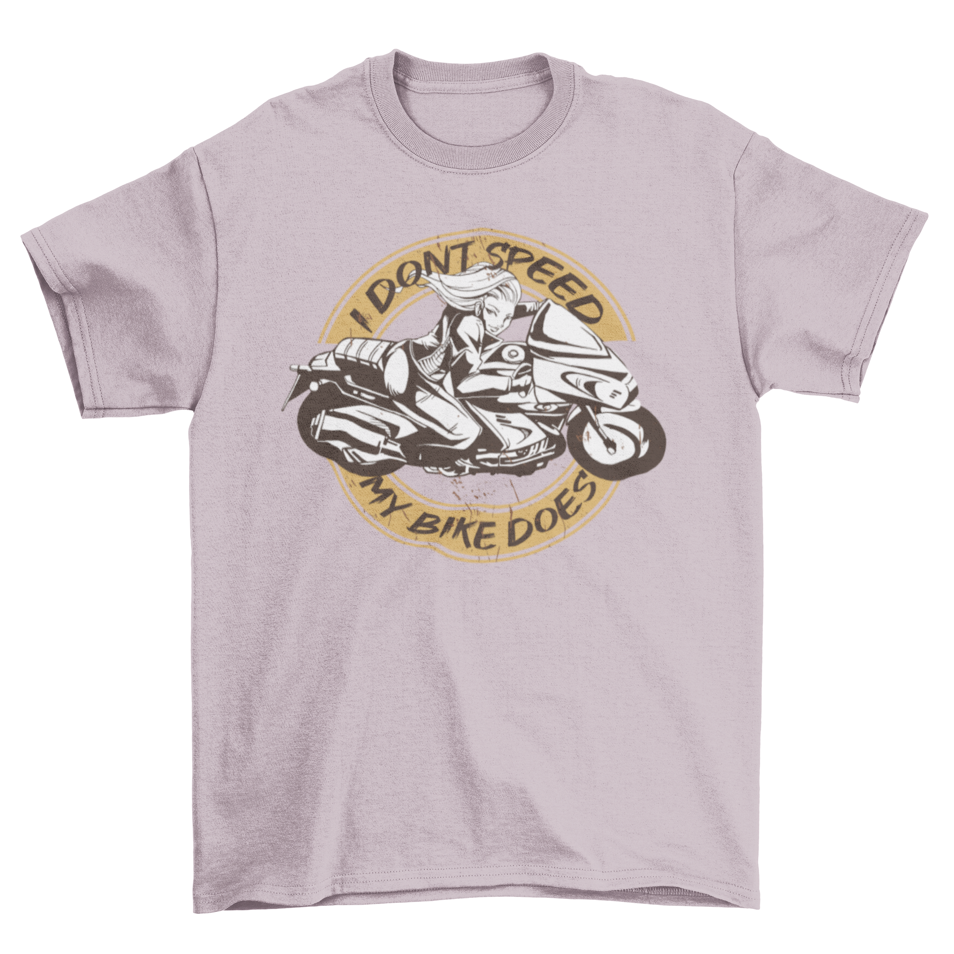 A stylish black and white t-shirt featuring a woman riding a motorbike with the caption 'I don't speed, my bike does'.