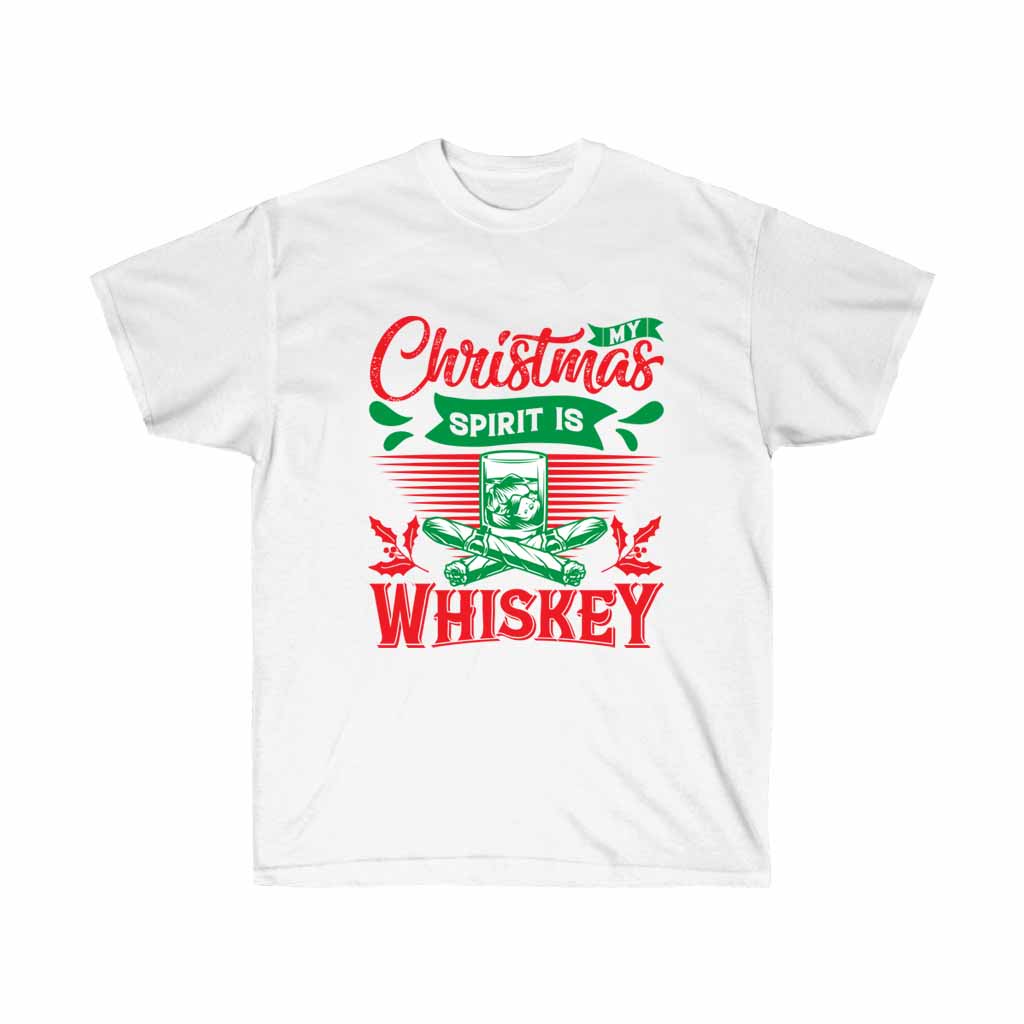 My Christmas Spirit is Whiskey Holiday T-shirt featuring a festive design, made from soft cotton, suitable for unisex wear.