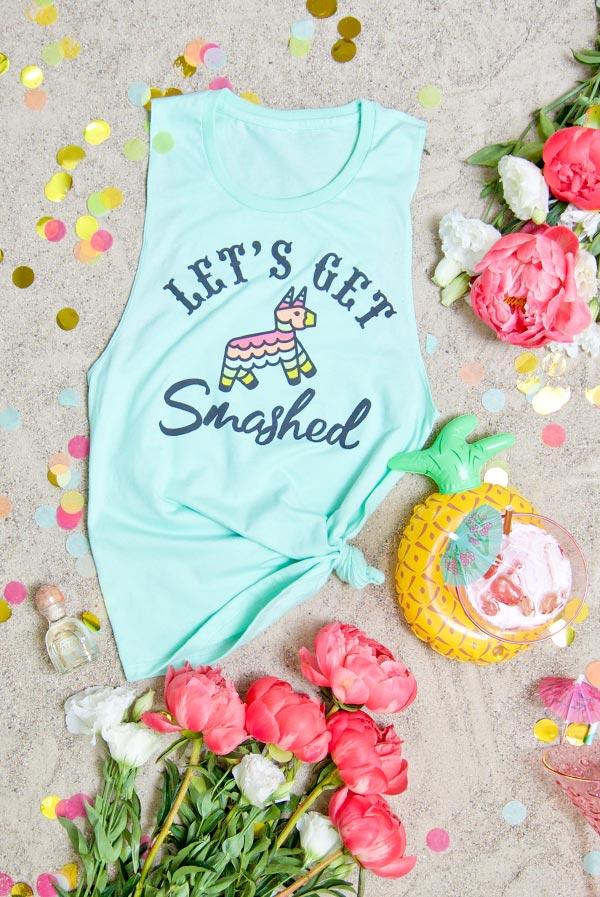 My Final Fiesta Let's Get Smashed muscle tank top featuring a vibrant Mexico theme, perfect for bachelorette parties.