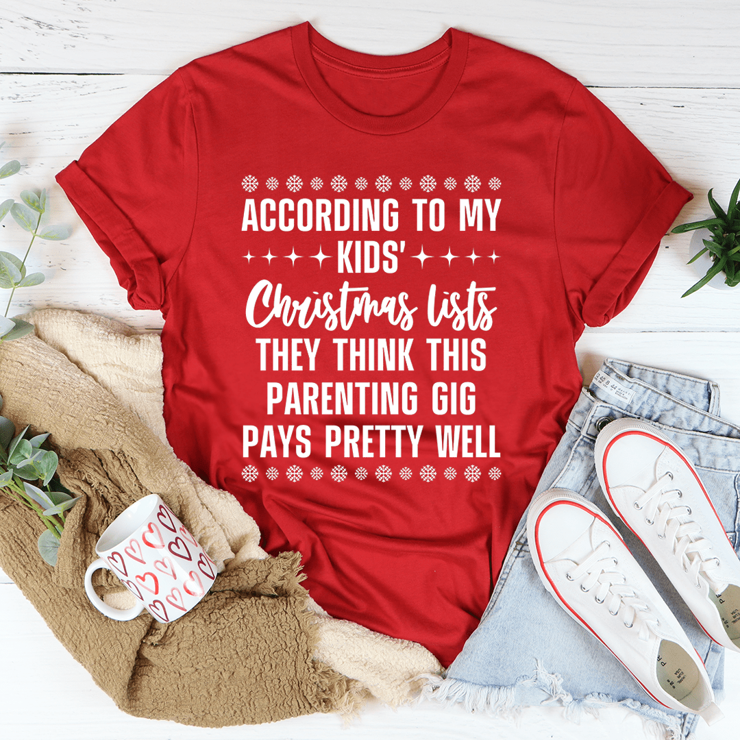 A festive My Kids' Christmas Lists Tee made from 100% soft cotton, featuring playful Christmas-themed graphics, perfect for holiday celebrations.
