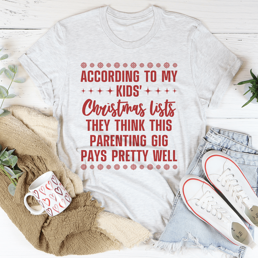 A festive My Kids' Christmas Lists Tee made from 100% soft cotton, featuring playful Christmas-themed graphics, perfect for holiday celebrations.