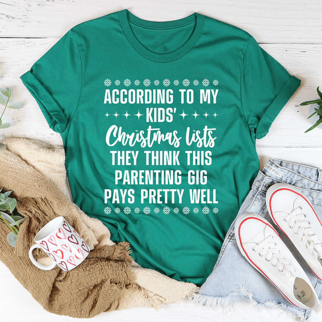 A festive My Kids' Christmas Lists Tee made from 100% soft cotton, featuring playful Christmas-themed graphics, perfect for holiday celebrations.