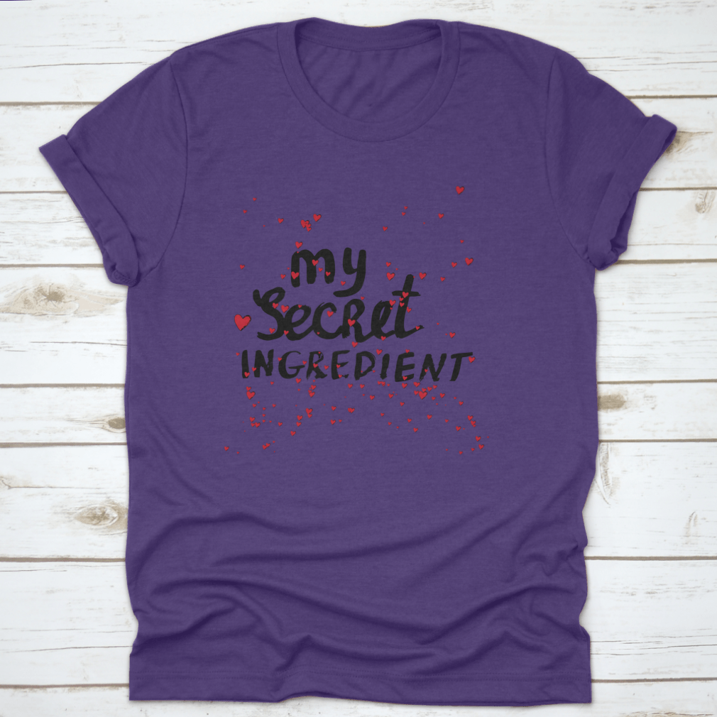 A stylish white shirt featuring hand lettering with red hearts, showcasing a unique and playful design.
