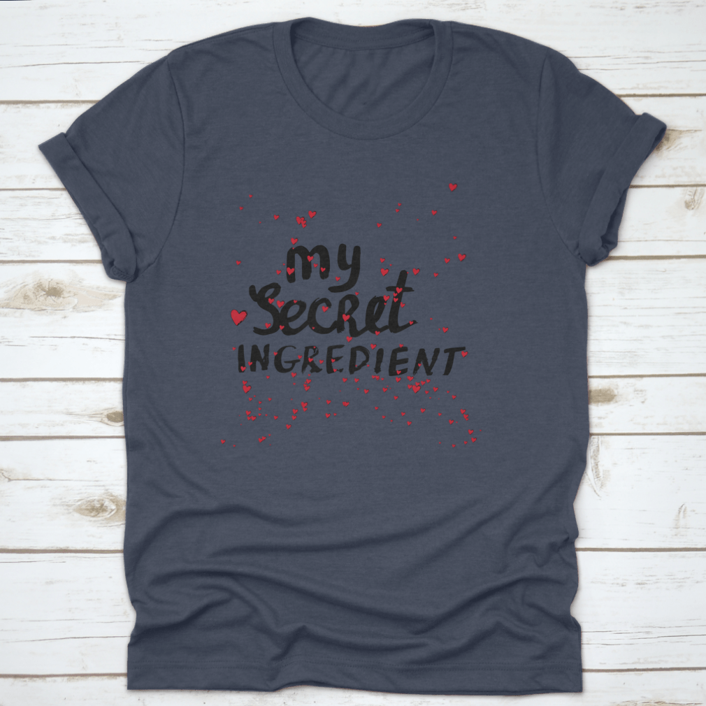 A stylish white shirt featuring hand lettering with red hearts, showcasing a unique and playful design.