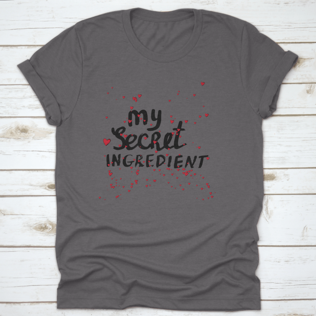 A stylish white shirt featuring hand lettering with red hearts, showcasing a unique and playful design.