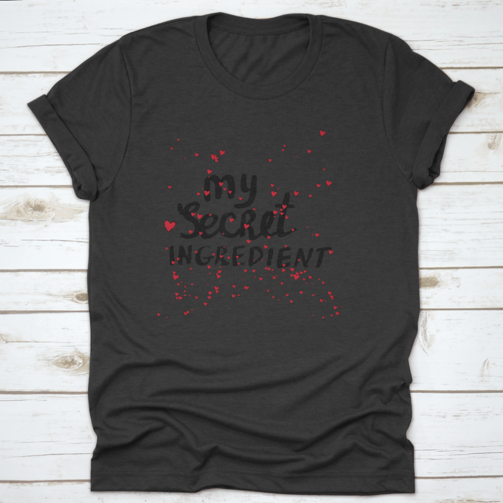 A stylish white shirt featuring hand lettering with red hearts, showcasing a unique and playful design.