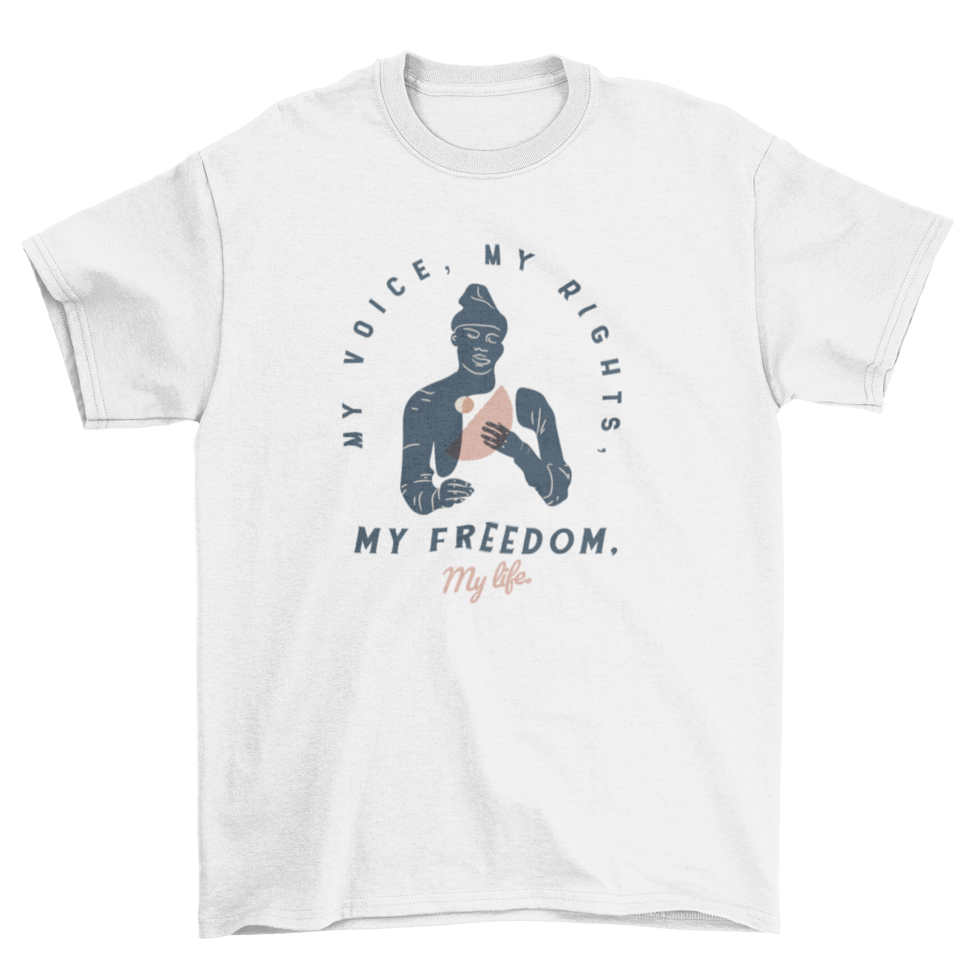 My Voice My Rights T-shirt featuring a woman illustration and empowering quote.