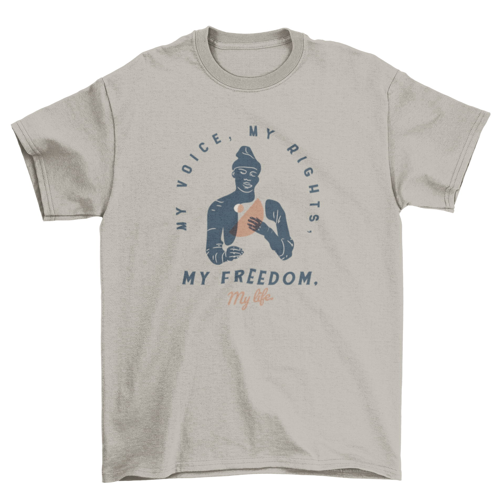 My Voice My Rights T-shirt featuring a woman illustration and empowering quote.