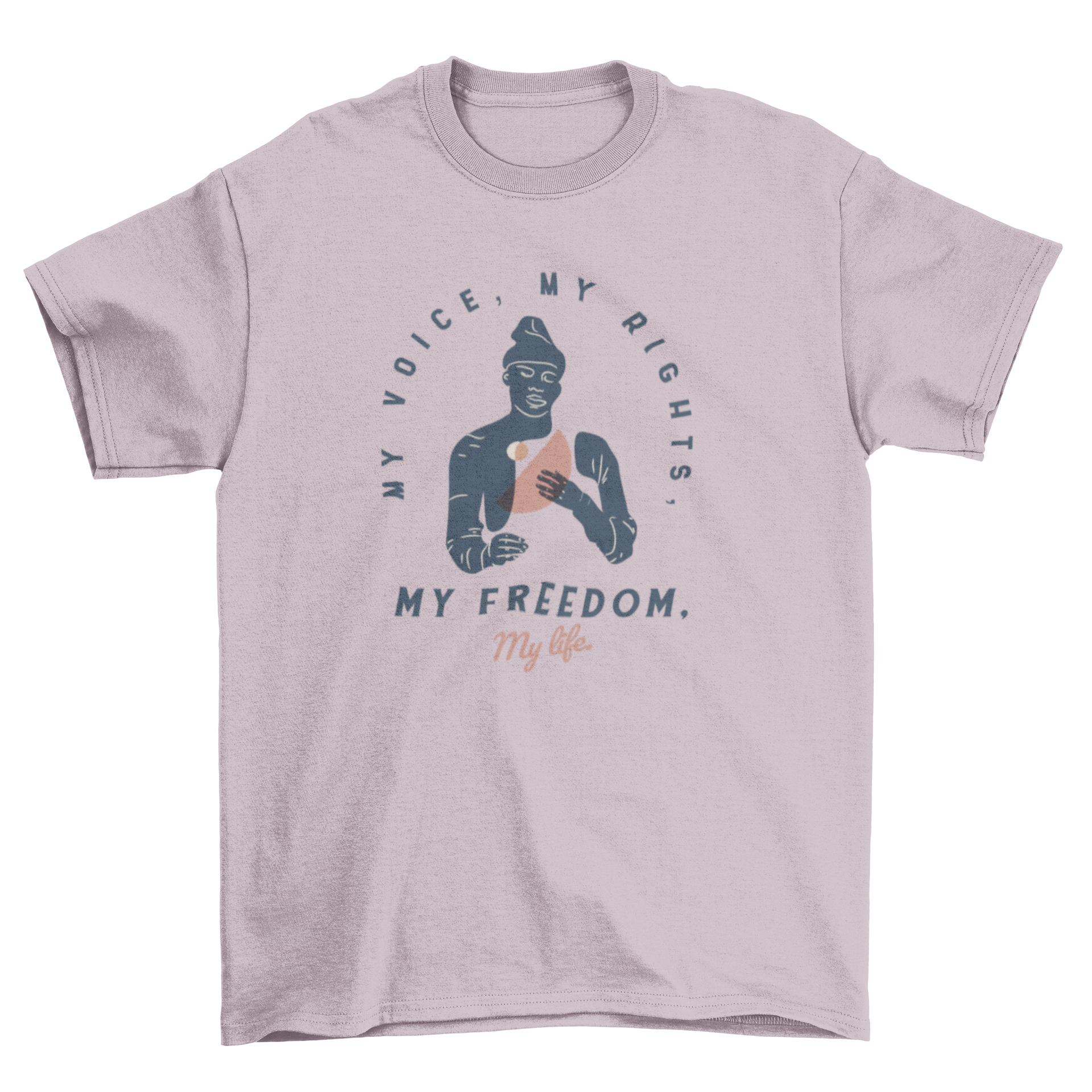My Voice My Rights T-shirt featuring a woman illustration and empowering quote.