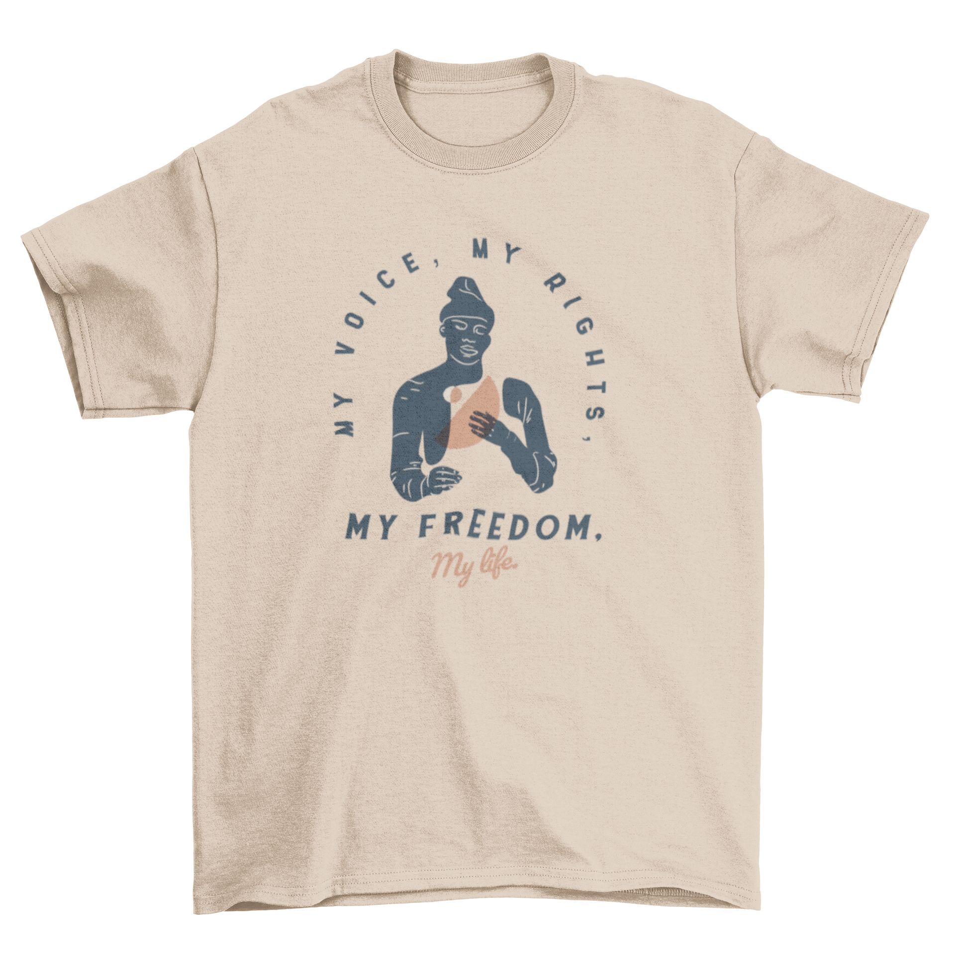 My Voice My Rights T-shirt featuring a woman illustration and empowering quote.