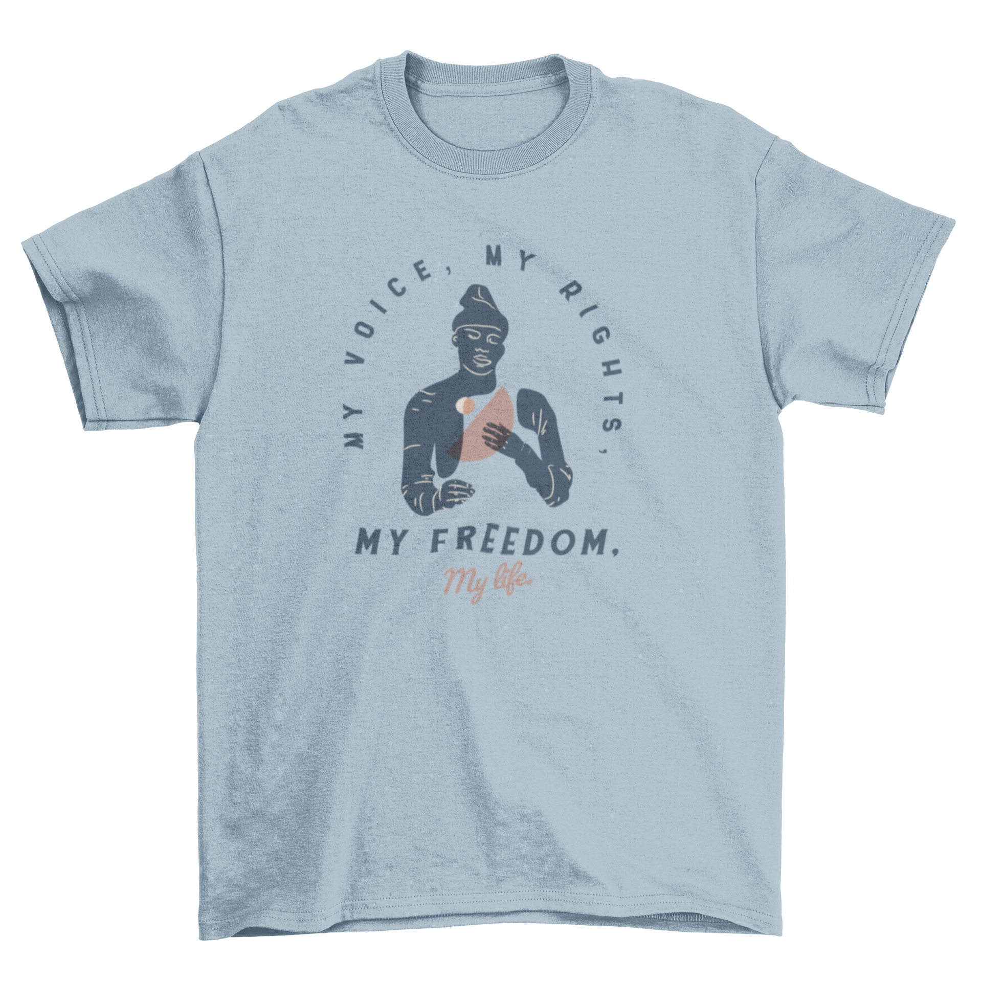 My Voice My Rights T-shirt featuring a woman illustration and empowering quote.