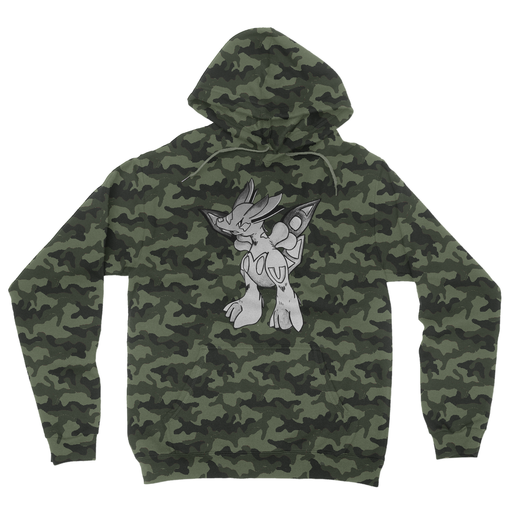 Mycros Camouflage Adult Hoodie featuring a classic camo print, double fabric hood, and kangaroo pouch pocket.