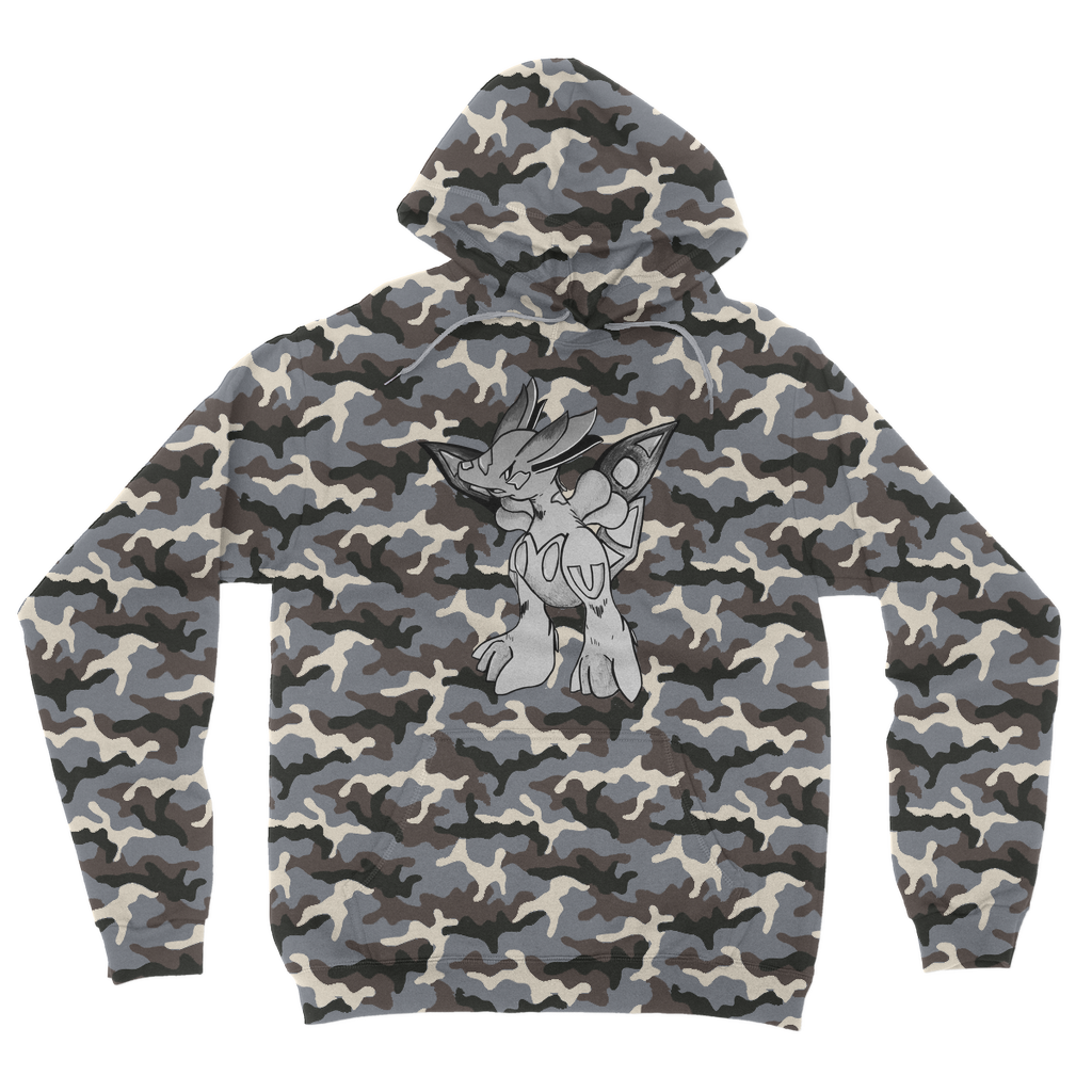 Mycros Camouflage Adult Hoodie featuring a classic camo print, double fabric hood, and kangaroo pouch pocket.