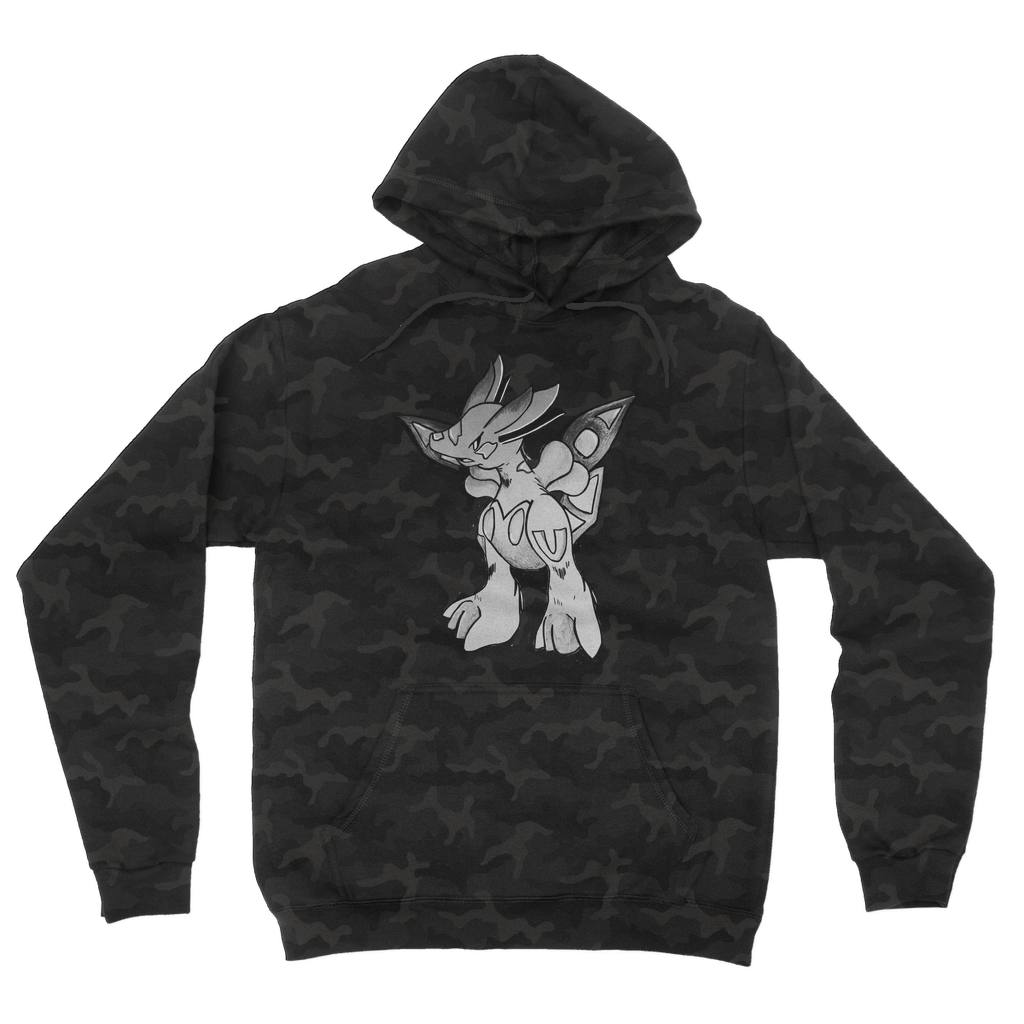 Mycros Camouflage Adult Hoodie featuring a classic camo print, double fabric hood, and kangaroo pouch pocket.
