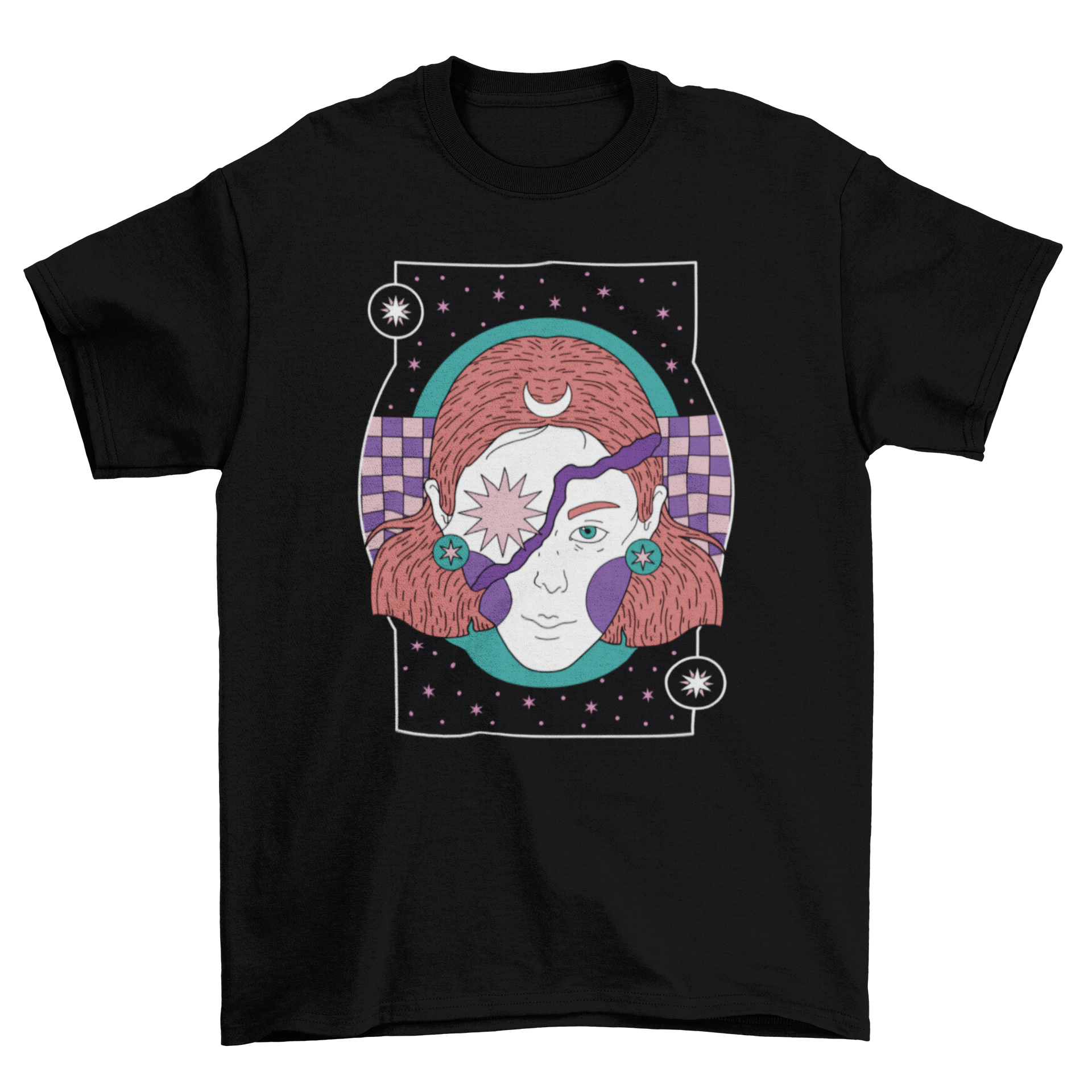 Mystic Night Woman T-Shirt featuring a celestial design with a woman, star, and moon against a night background.