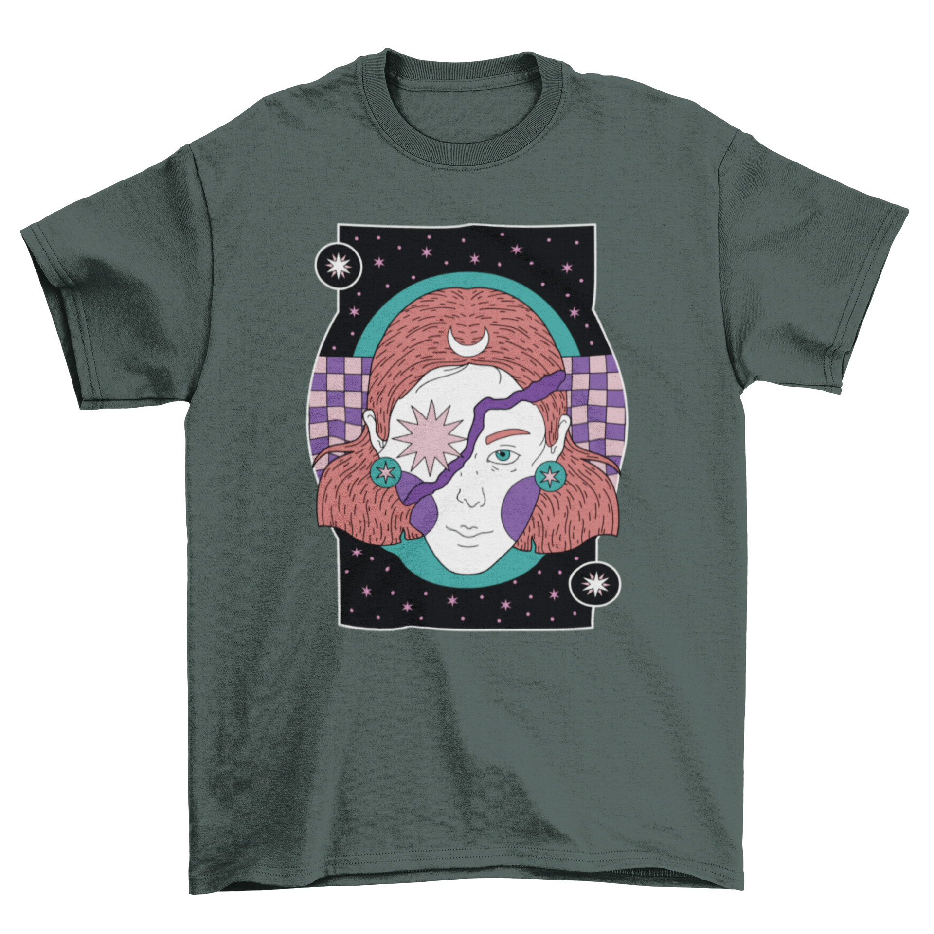 Mystic Night Woman T-Shirt featuring a celestial design with a woman, star, and moon against a night background.