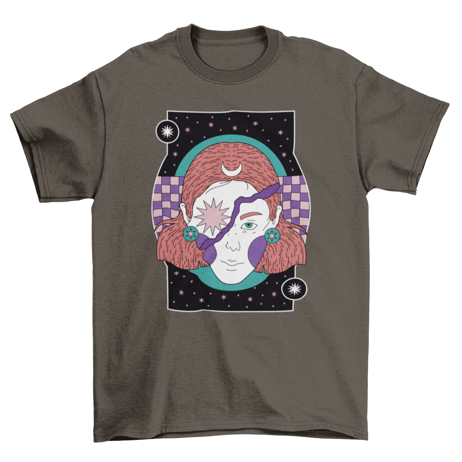 Mystic Night Woman T-Shirt featuring a celestial design with a woman, star, and moon against a night background.