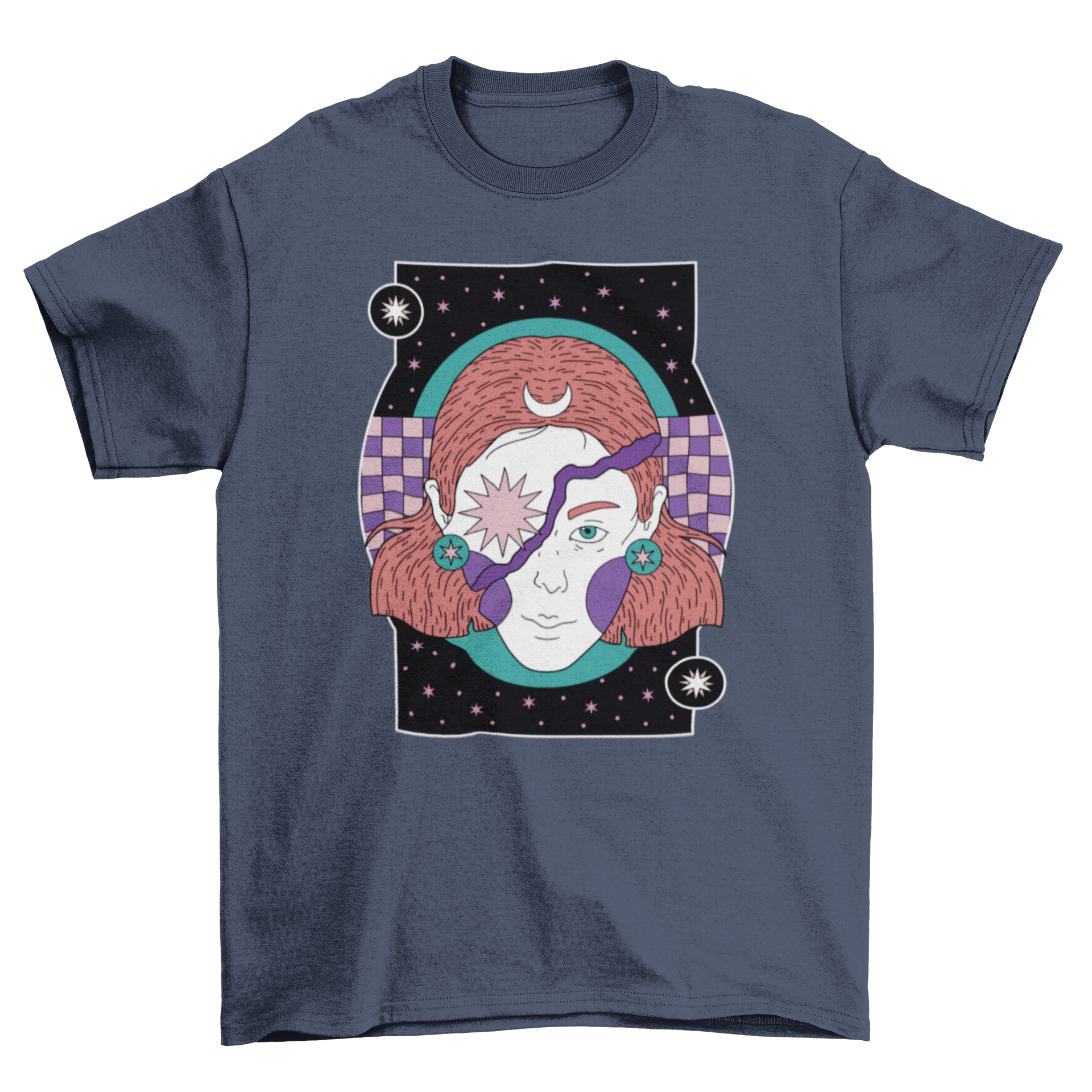 Mystic Night Woman T-Shirt featuring a celestial design with a woman, star, and moon against a night background.