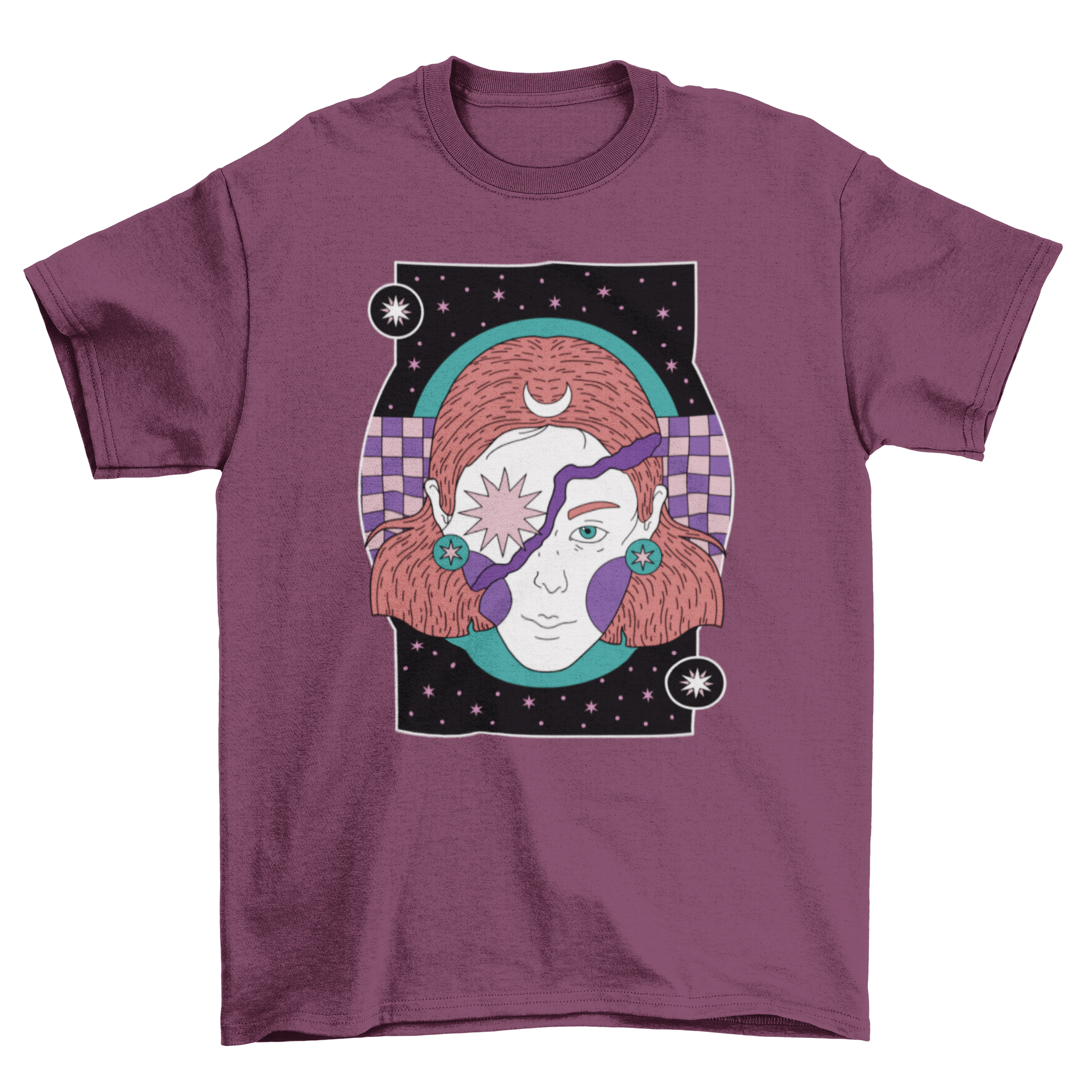 Mystic Night Woman T-Shirt featuring a celestial design with a woman, star, and moon against a night background.