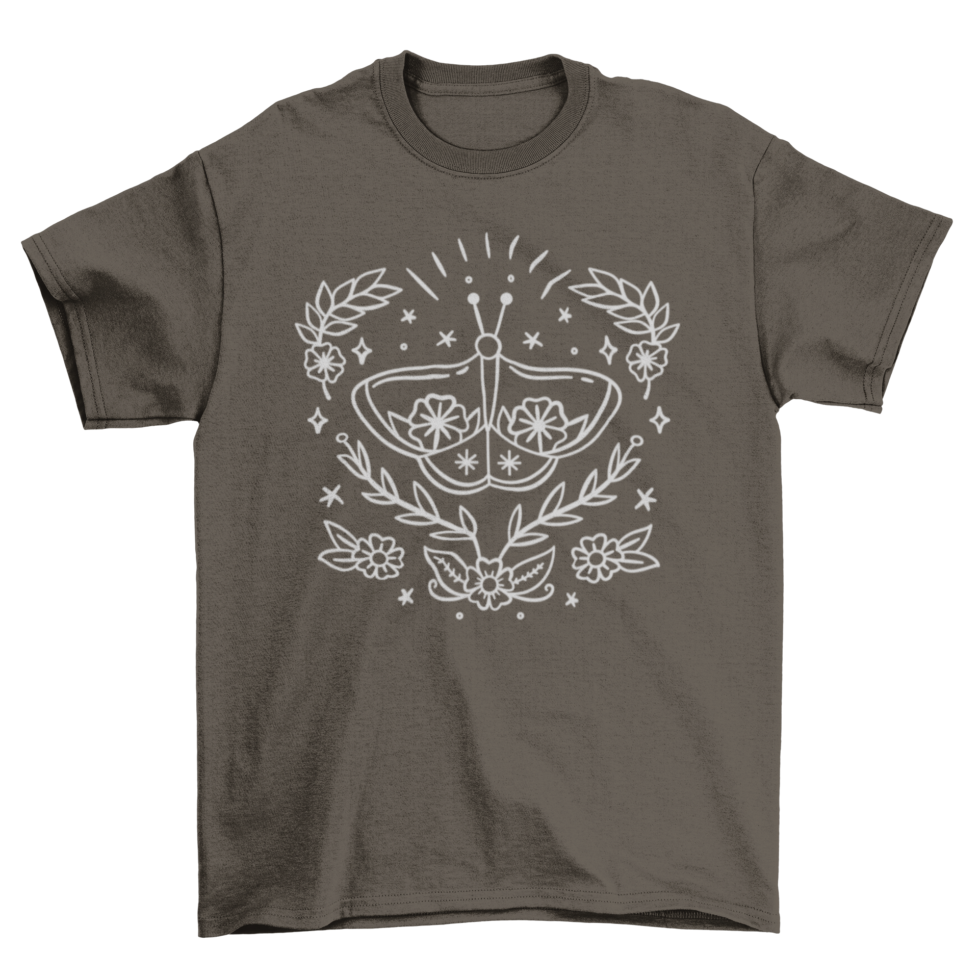 A stylish t-shirt featuring a mystical butterfly design surrounded by natural elements, perfect for casual wear.