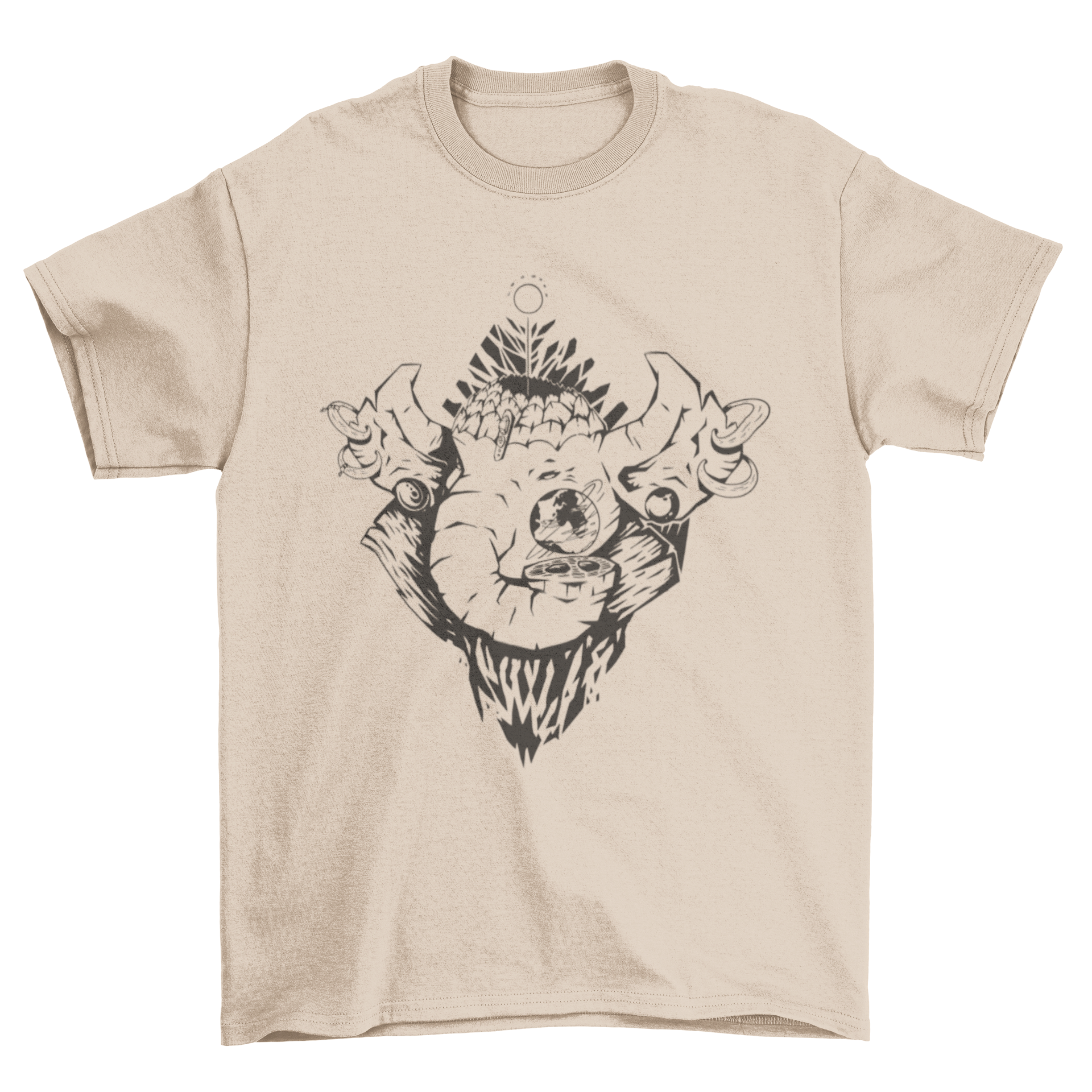 A vibrant t-shirt featuring a mythical elephant design, showcasing intricate details and magical elements.