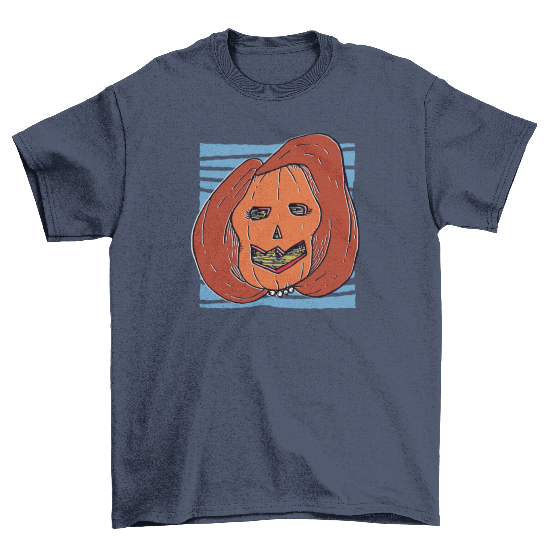 A cartoon t-shirt featuring a carved pumpkin with long hair and beads, resembling Nancy Pelosi, perfect for Halloween.
