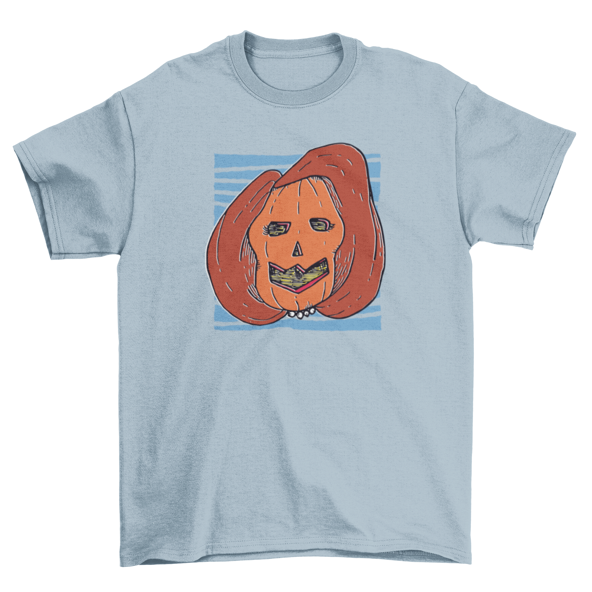 A cartoon t-shirt featuring a carved pumpkin with long hair and beads, resembling Nancy Pelosi, perfect for Halloween.
