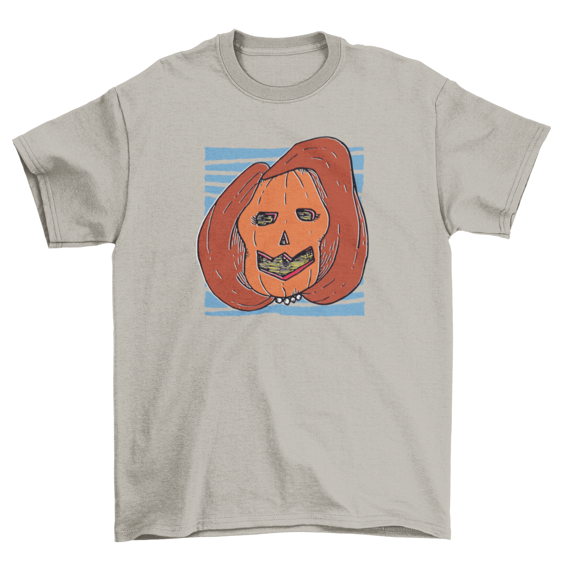 A cartoon t-shirt featuring a carved pumpkin with long hair and beads, resembling Nancy Pelosi, perfect for Halloween.