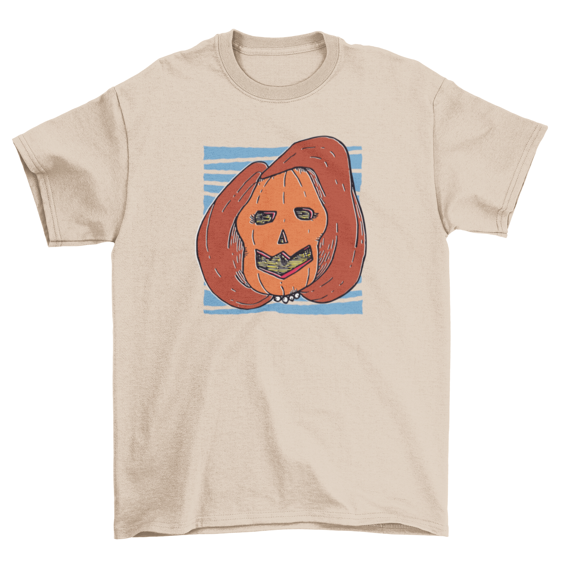 A cartoon t-shirt featuring a carved pumpkin with long hair and beads, resembling Nancy Pelosi, perfect for Halloween.