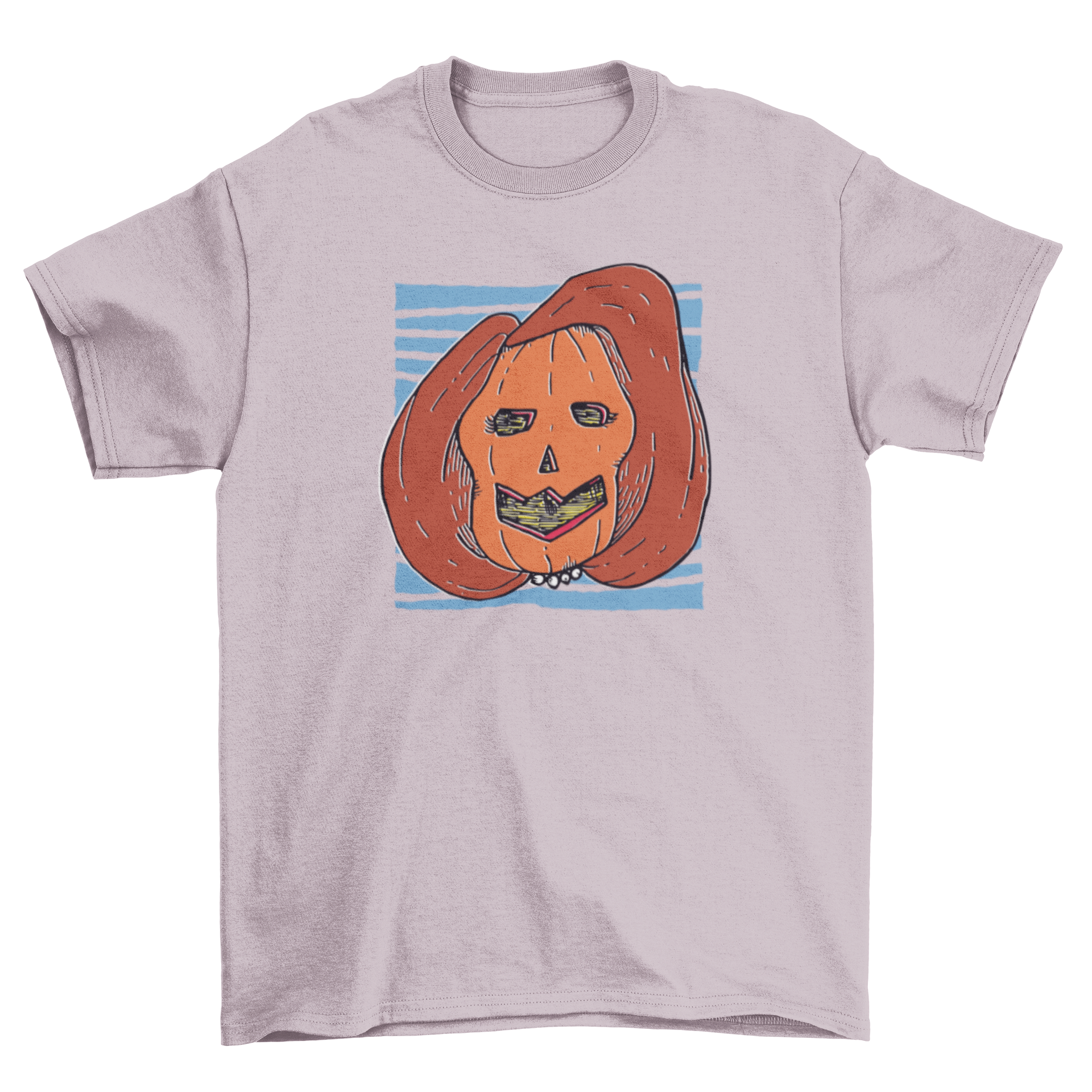 A cartoon t-shirt featuring a carved pumpkin with long hair and beads, resembling Nancy Pelosi, perfect for Halloween.