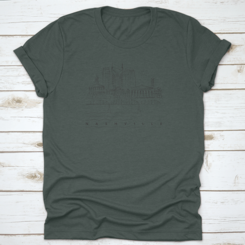 Nashville skyline vector illustration on a cotton t-shirt, showcasing iconic buildings and typography design.