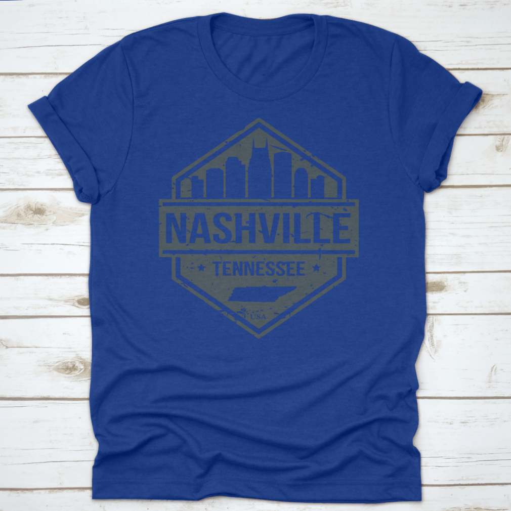 Nashville Tennessee travel stamp icon skyline design on a cotton shirt, showcasing the city's iconic skyline.