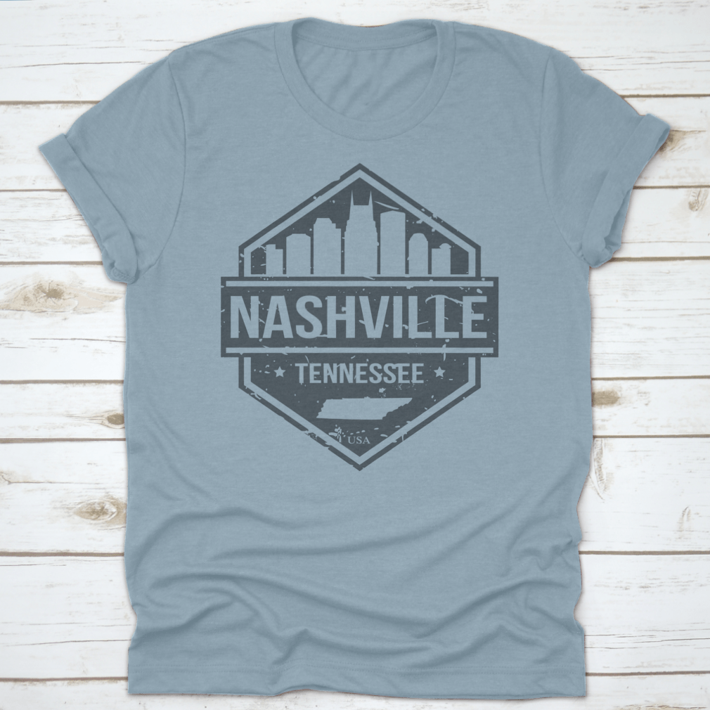 Nashville Tennessee travel stamp icon skyline design on a cotton shirt, showcasing the city's iconic skyline.