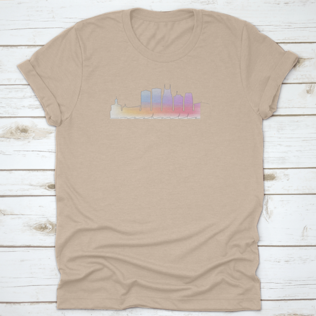 A vibrant watercolor illustration of the Nashville, TN skyline showcasing iconic buildings and landmarks in rich colors.