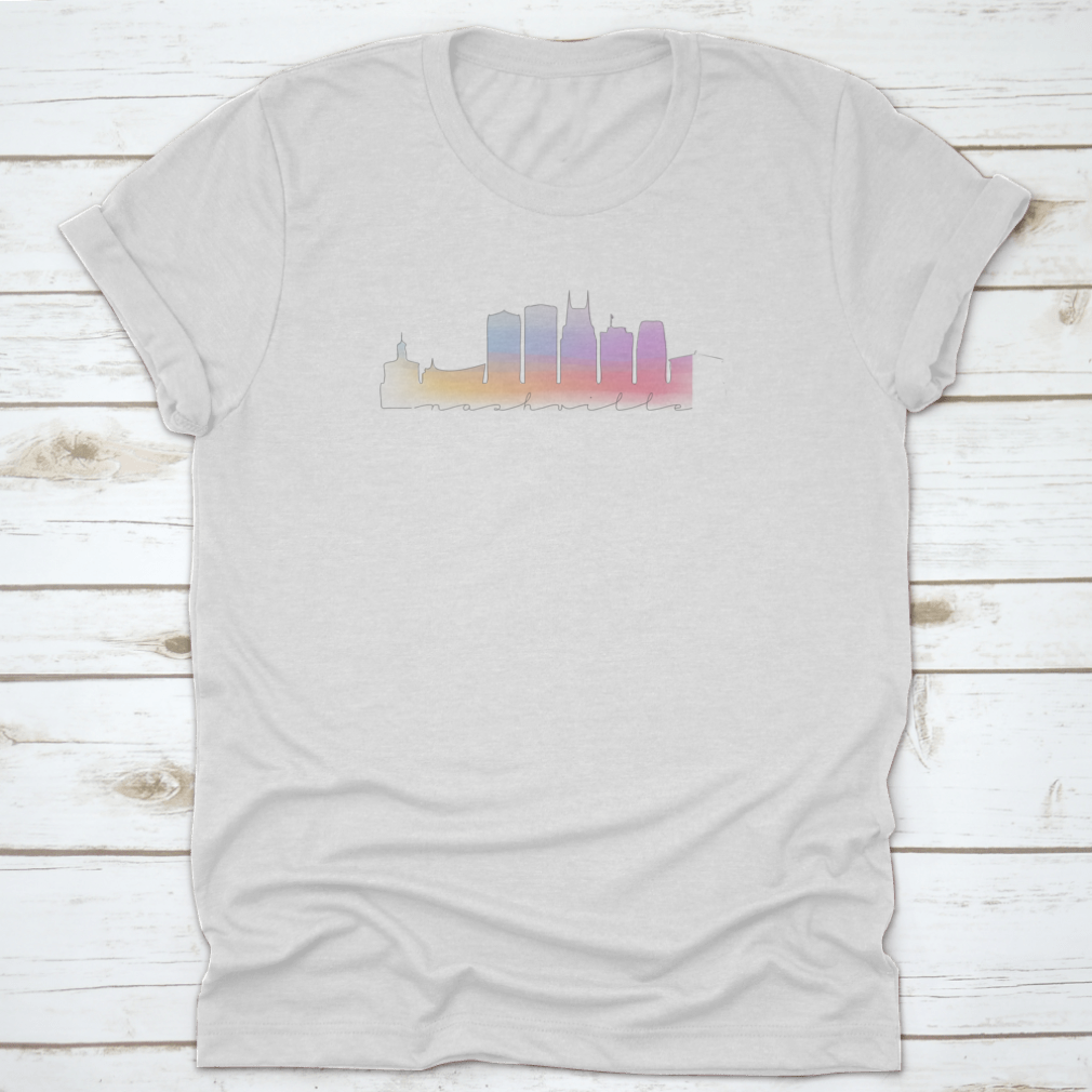 A vibrant watercolor illustration of the Nashville, TN skyline showcasing iconic buildings and landmarks in rich colors.