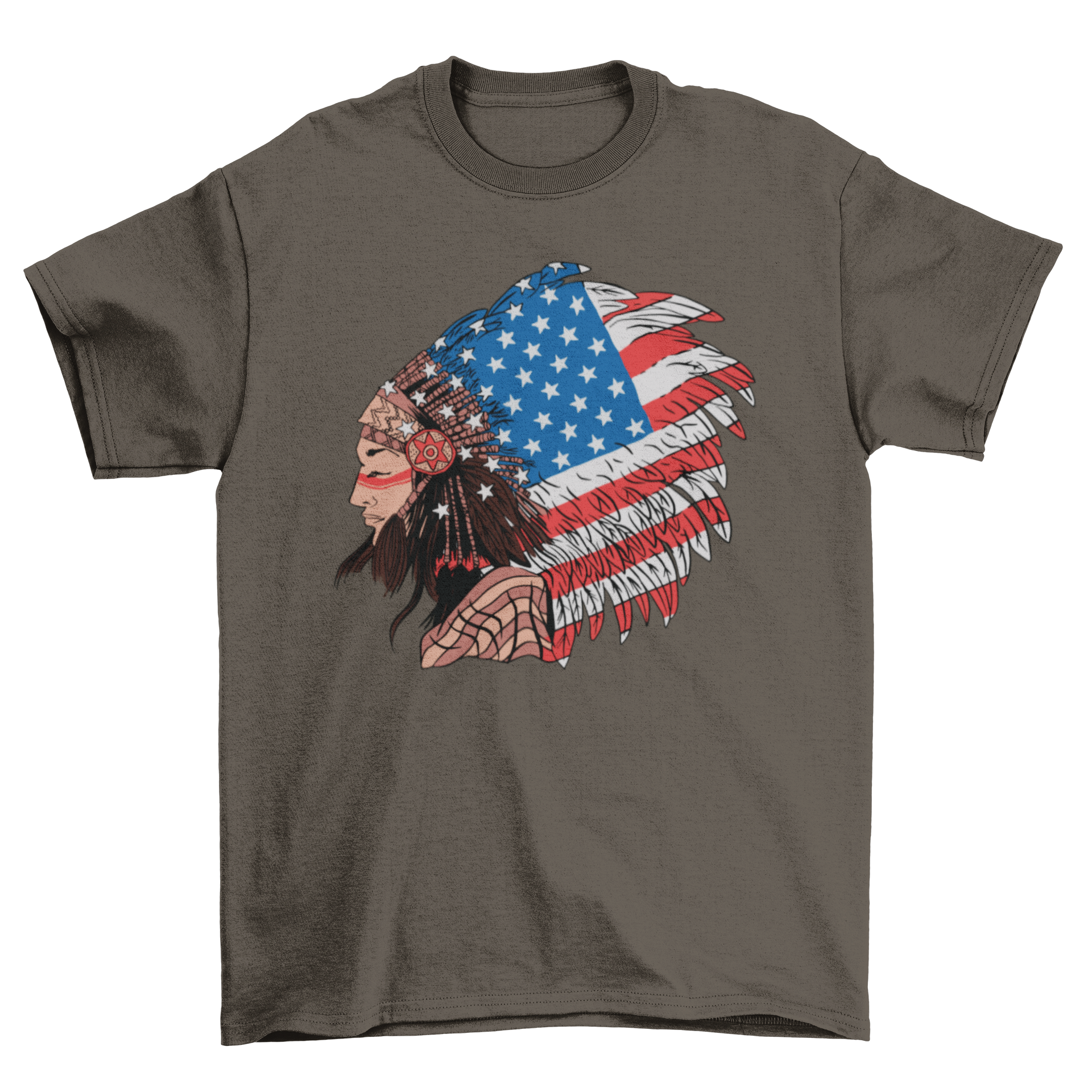 A stylish t-shirt featuring a Native American woman in a colorful headdress with the United States flag in the background.
